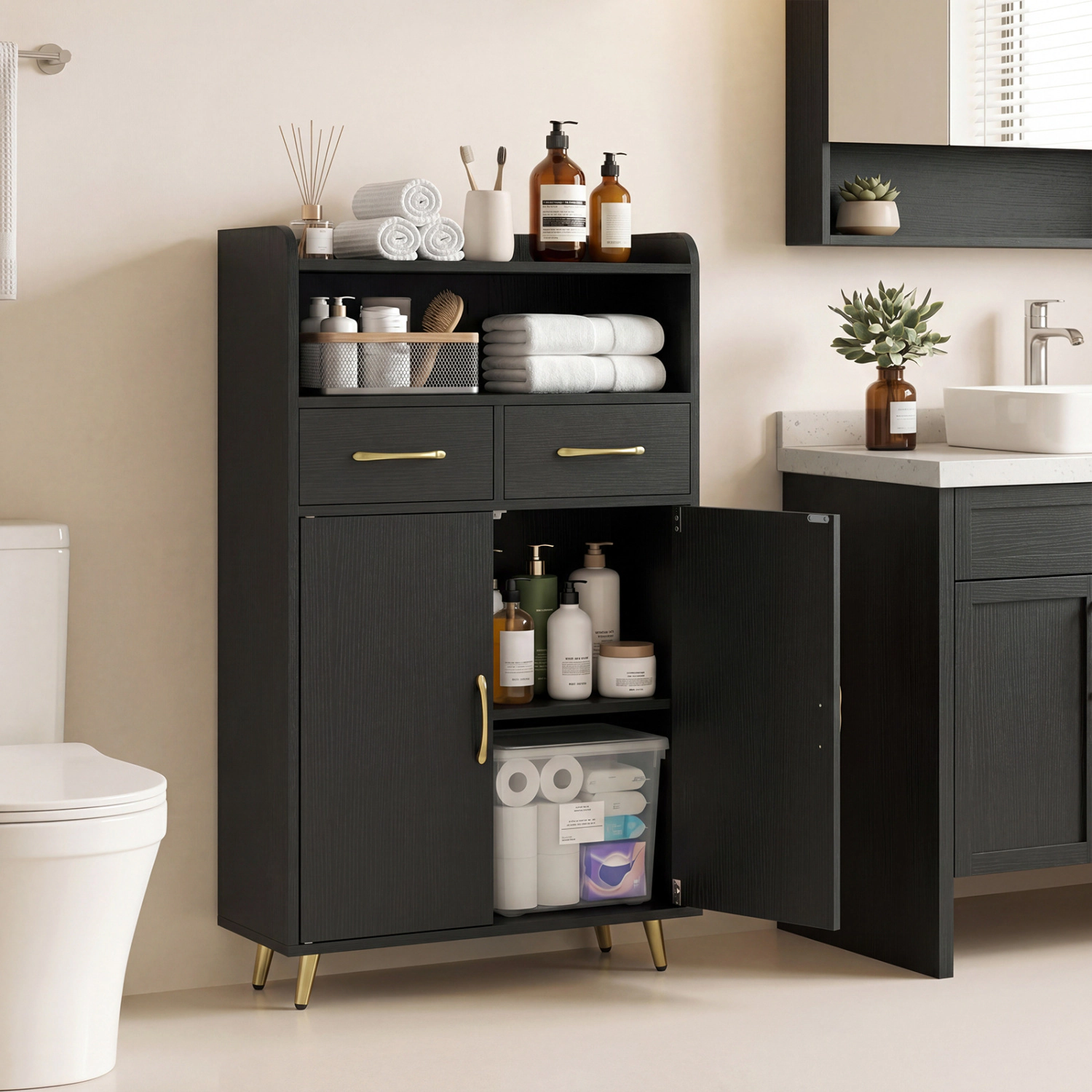 SlickBlue Bathroom Storage Cabinet with Drawers, Doors & Adjustable Shelf