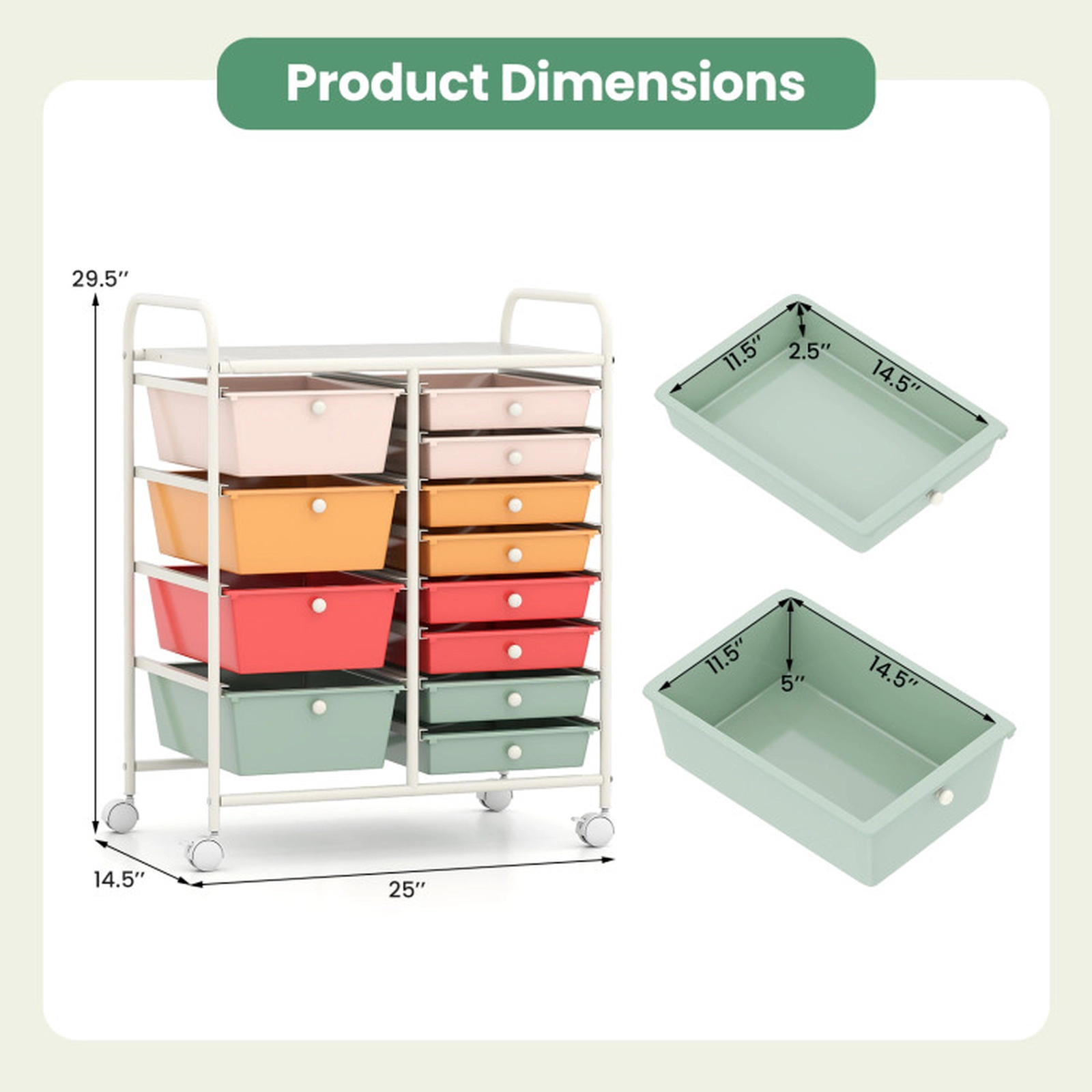 SUGIFT Macaron 12-Drawer Rolling Storage Cart with Removable Drawers Punched Top and Swivel Casters