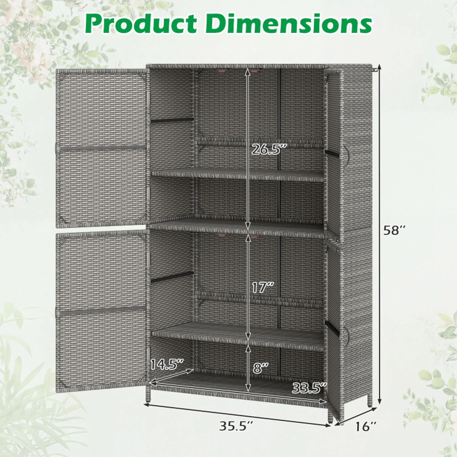 SUGIFT Gray 4-Door PE Rattan Vertical Outdoor Storage Shed with 80-lb Adjustable Removable Shelves