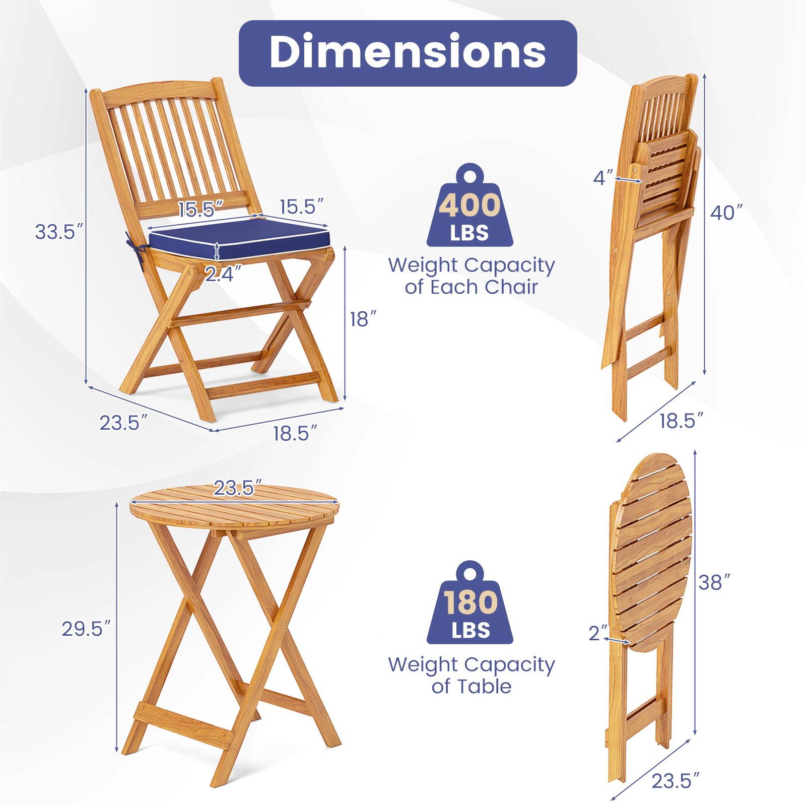 SUGIFT Navy Round Table and Cushions 3-Piece Acacia Wood Folding Patio Bistro Set