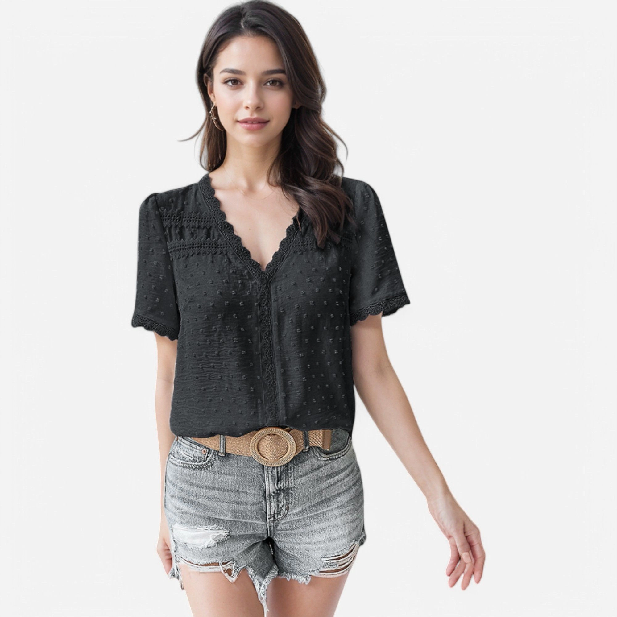 Anna-Kaci Lace Trim V-Neck Short Sleeve Polyester Blouse