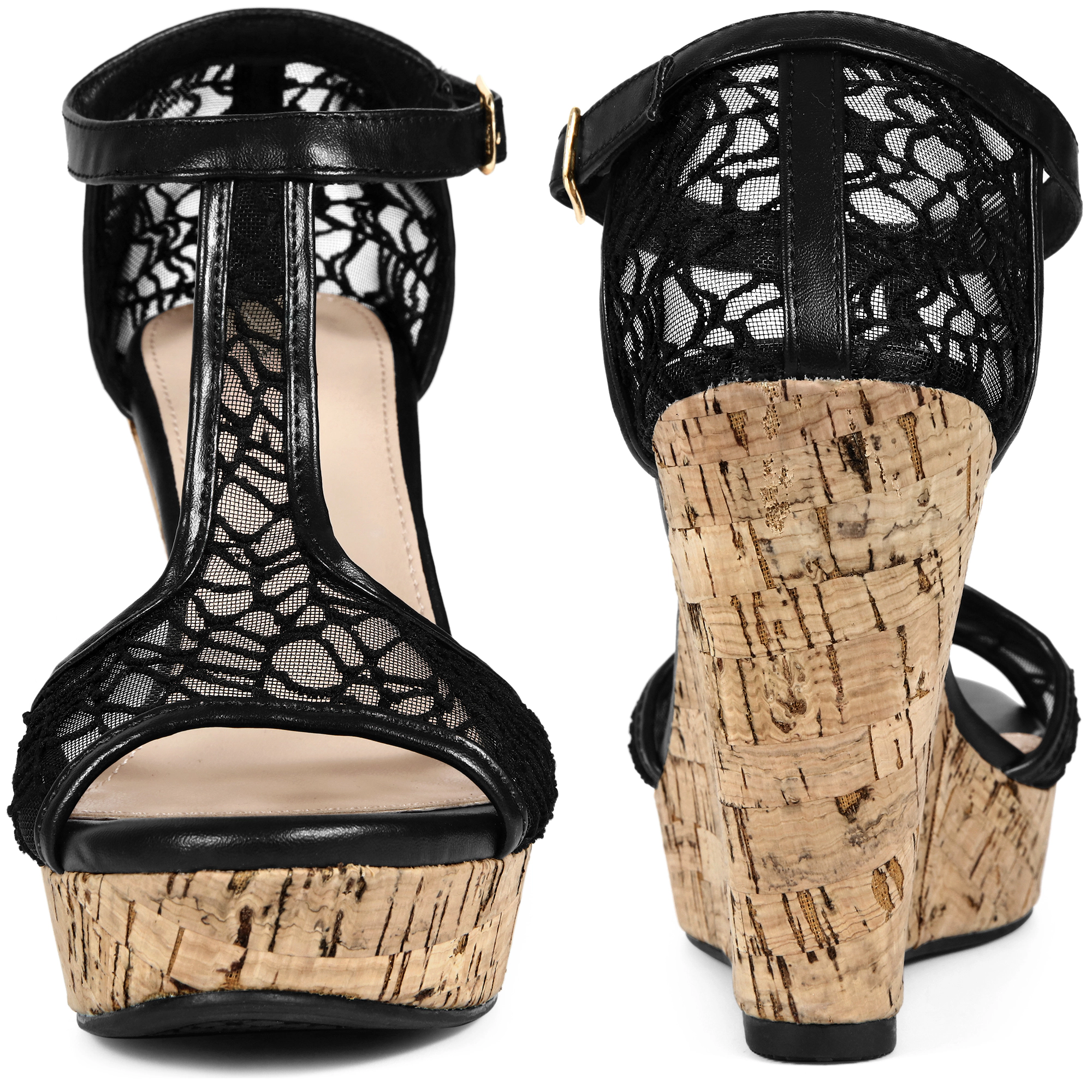 BLISSFUL STEP Women's Lace Open Toe T-Strap Platform Wedge Heel Sandals