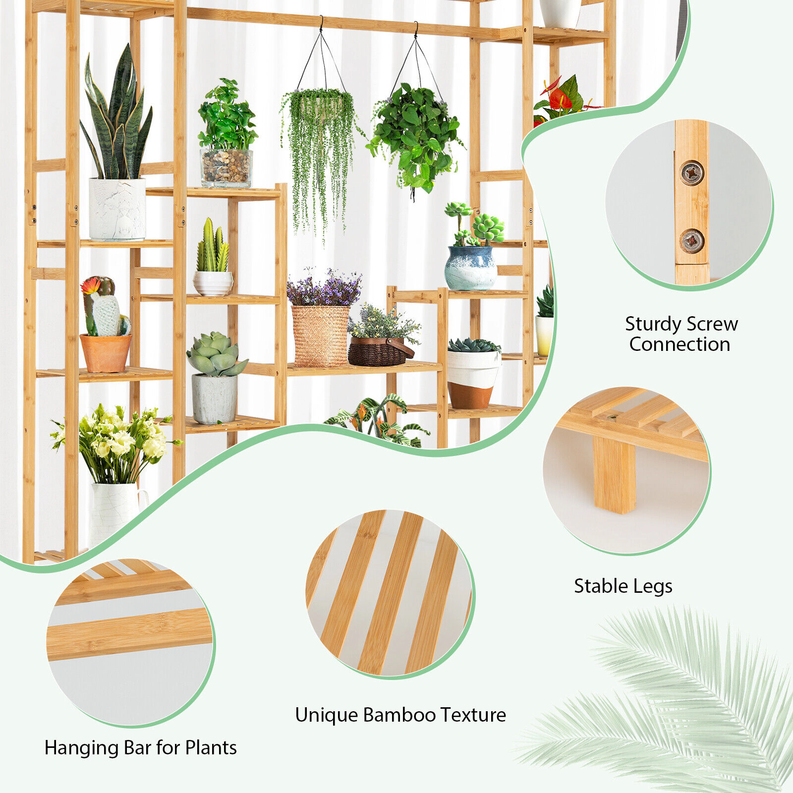 Slickblue 9-Tier Wicker Plant Stand with Hanging Rack for Indoor Outdoor Use