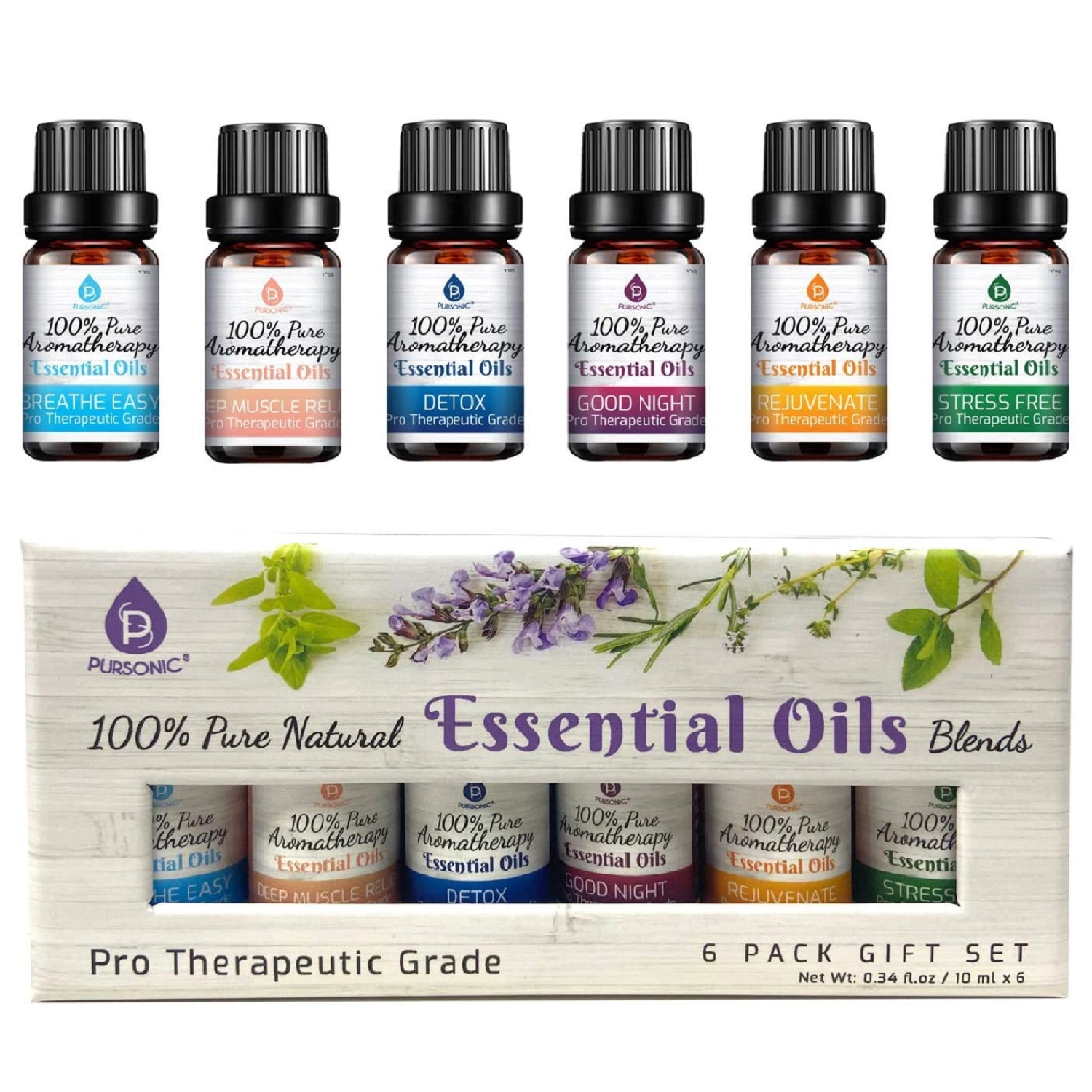 Pursonic Unisex 100% Pure Aromatherapy Essential Oil Blend Collection – 6 Pack Therapeutic Wellness Oils Set