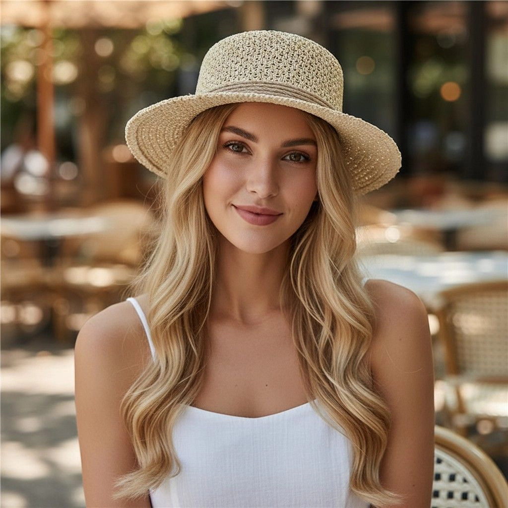 Anna-Kaci Womens Flat Top Straw Boater Hat Wide Brim Summer Beach Vacation Sun Hat