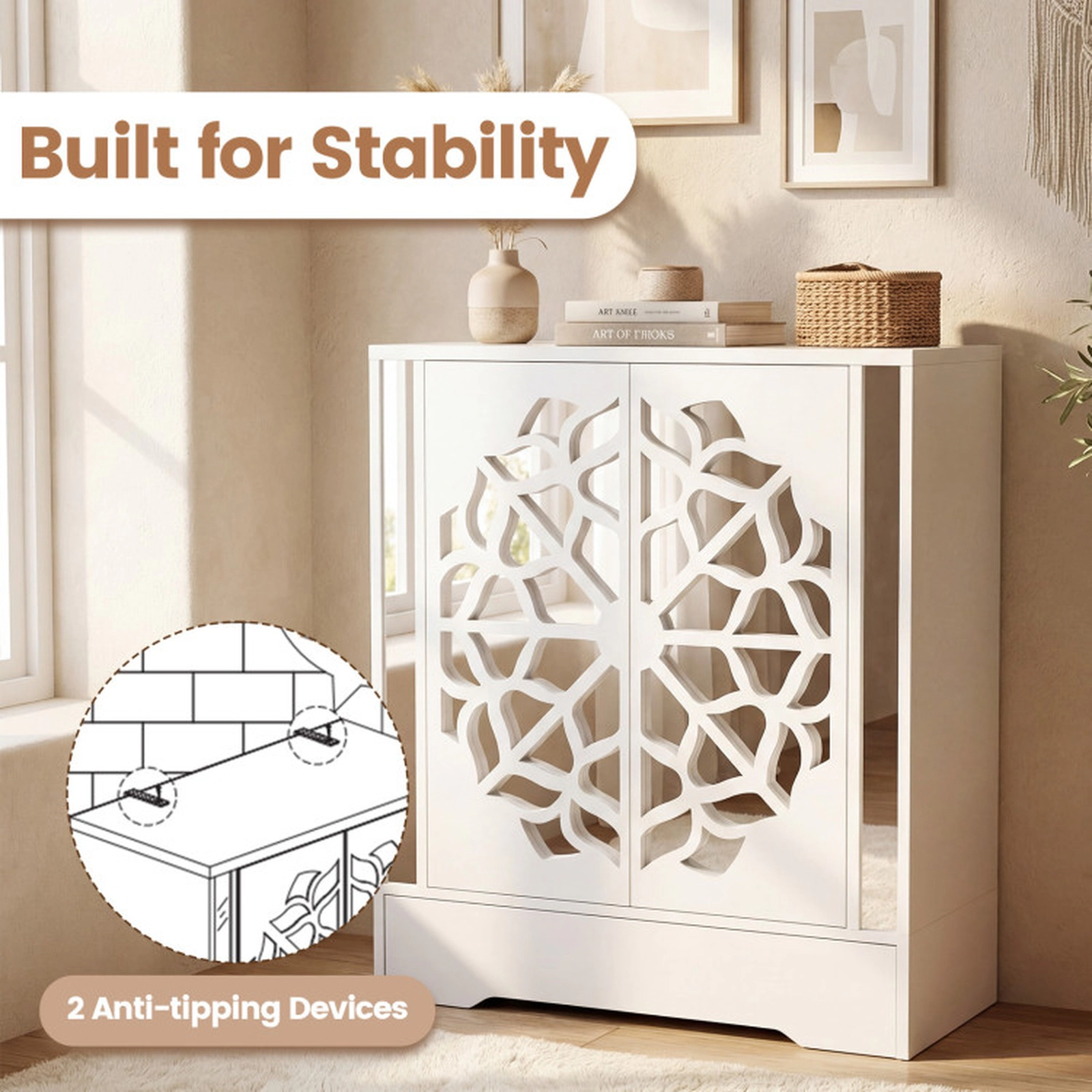 SUGIFT White Large Bottom Drawer and Anti-Tip Kits 4-Tier Mirrored Shoe Cabinet Shoe Organizer