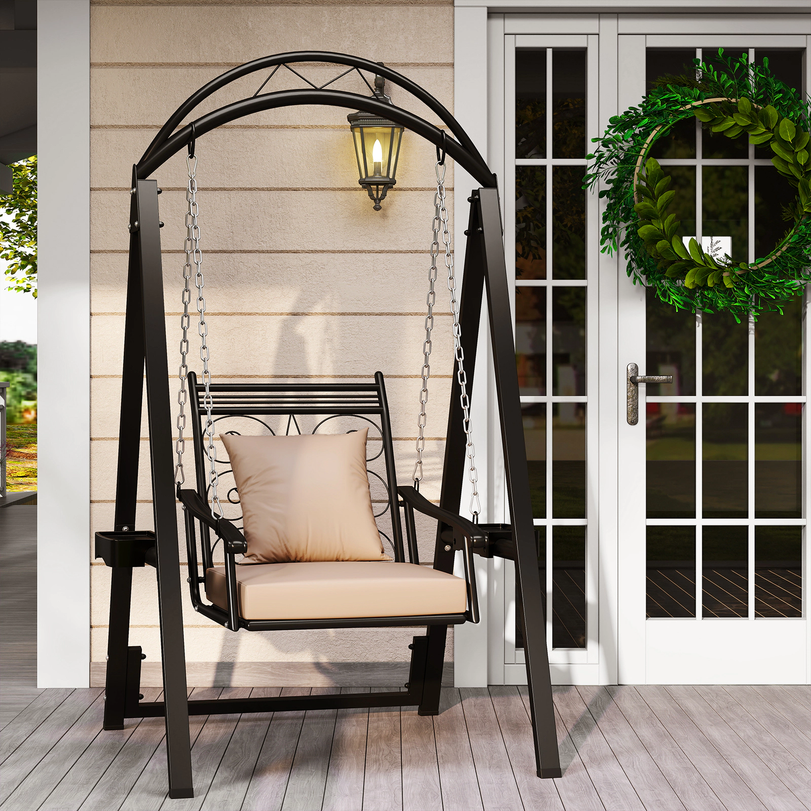 LJG Outdoor Porch Swing with Removable Cushions and Side Tables for Garden Balcony