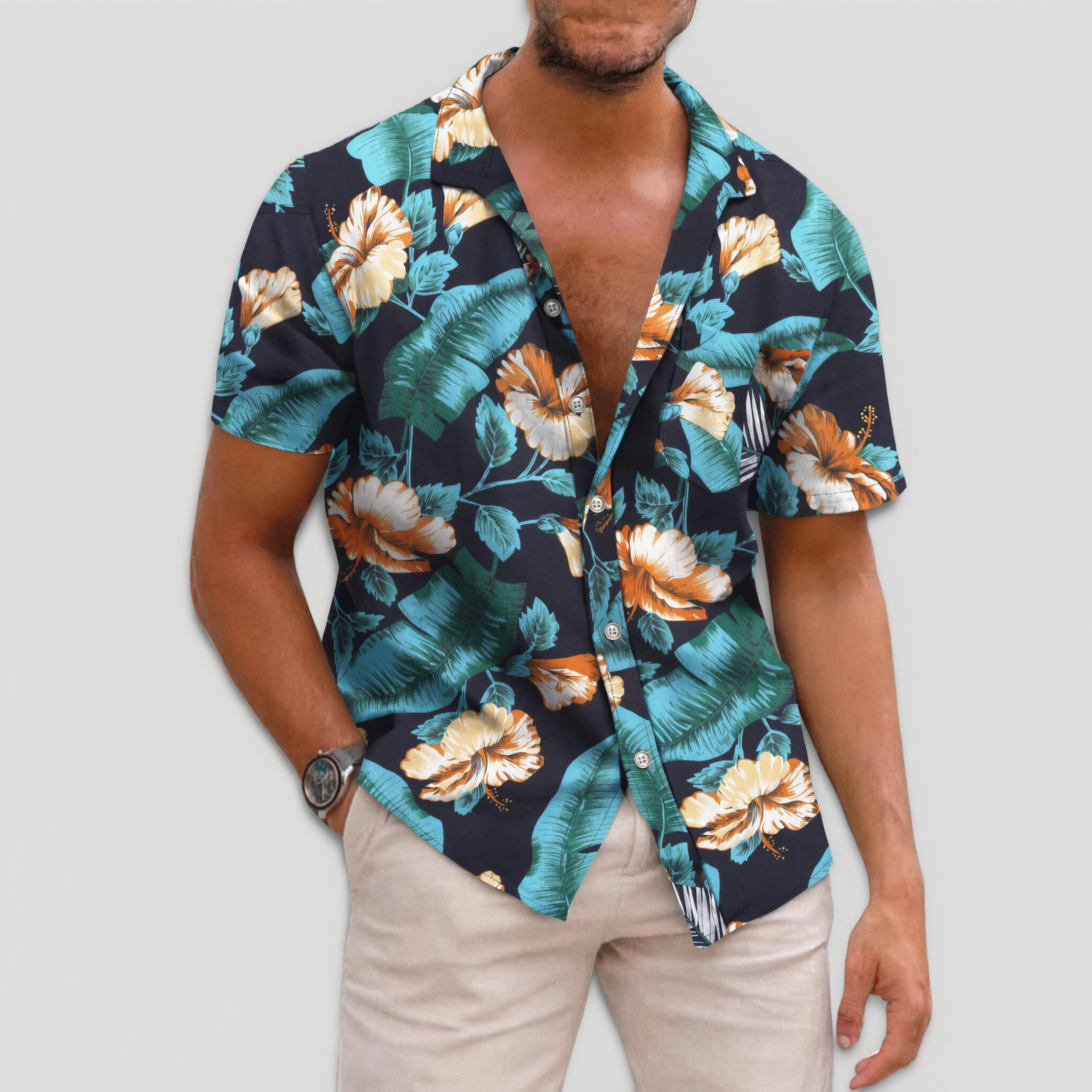 COOFANDY Mens Hawaiian Shirt Short Sleeve Leaf Print Camp Collar Casual Aloha Tops