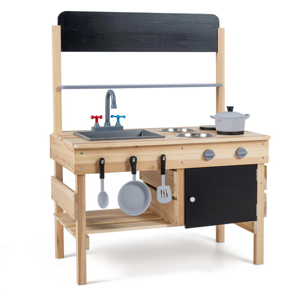 Hivvago Outdoor Wooden Mud Kitchen for Kids with Sink and Stoves