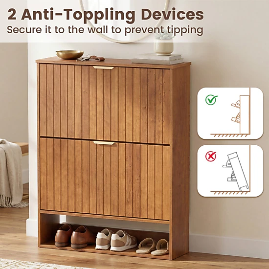 Hivvago Fluted Shoe Storage Cabinet with 2 Flip Drawers and Open Shelf