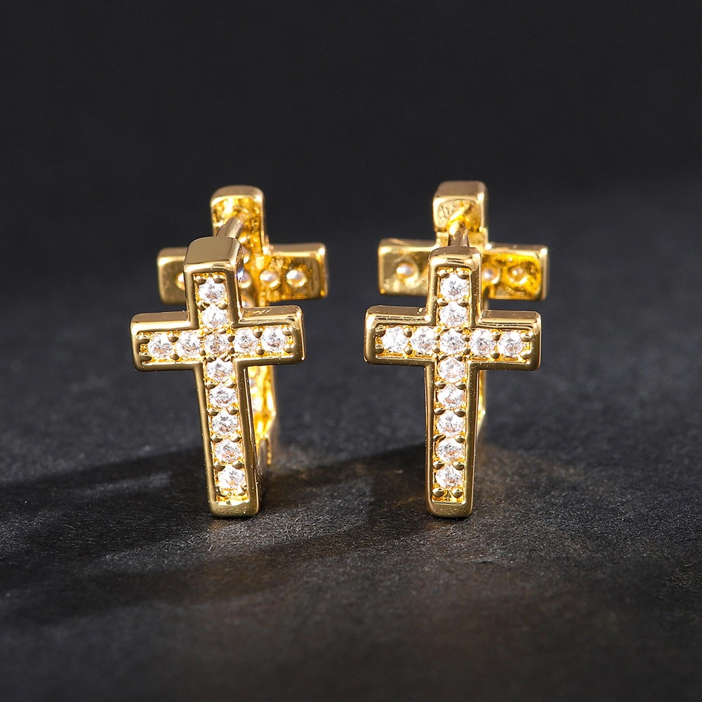 Plated Paved Cubic Zirconia Cross Huggie Hoop Earrings