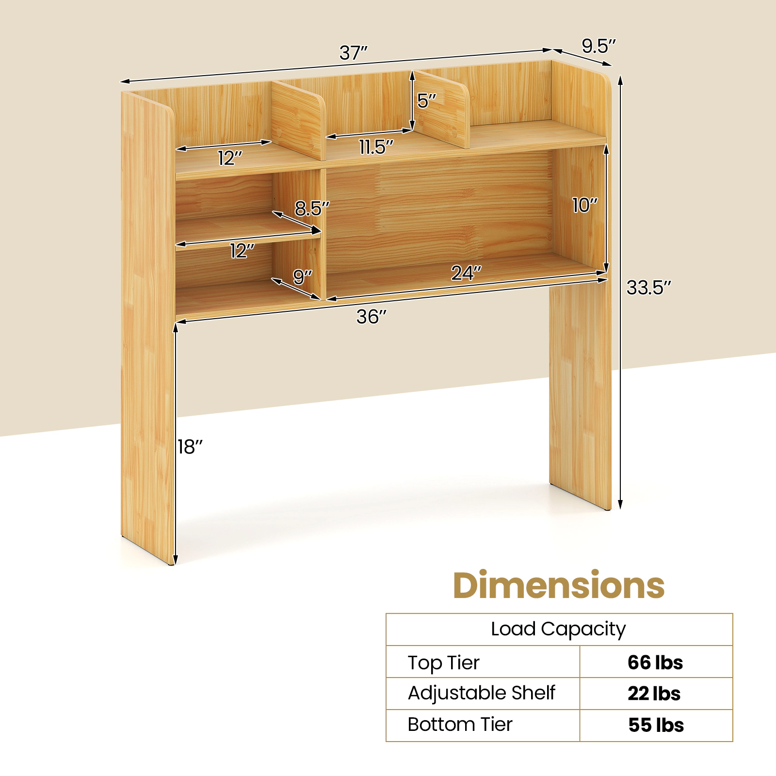 SUGIFT Desktop Bookshelf Countertop Storage Hutch 6 Shelves 66-lb Top Tier Capacity 55-lb Bottom Tier Capacity Beige