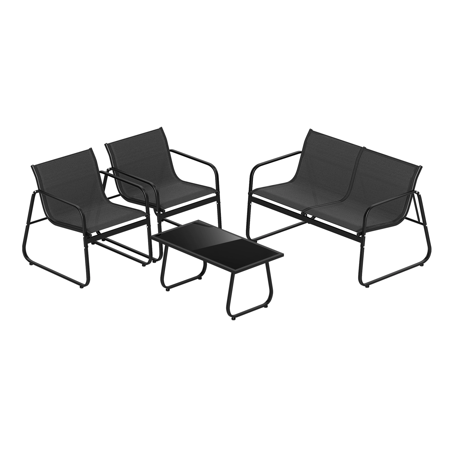 SUGIFT Fabric Lawn Chairs Loveseat and Glass Table 4-Piece Black Patio Furniture Set