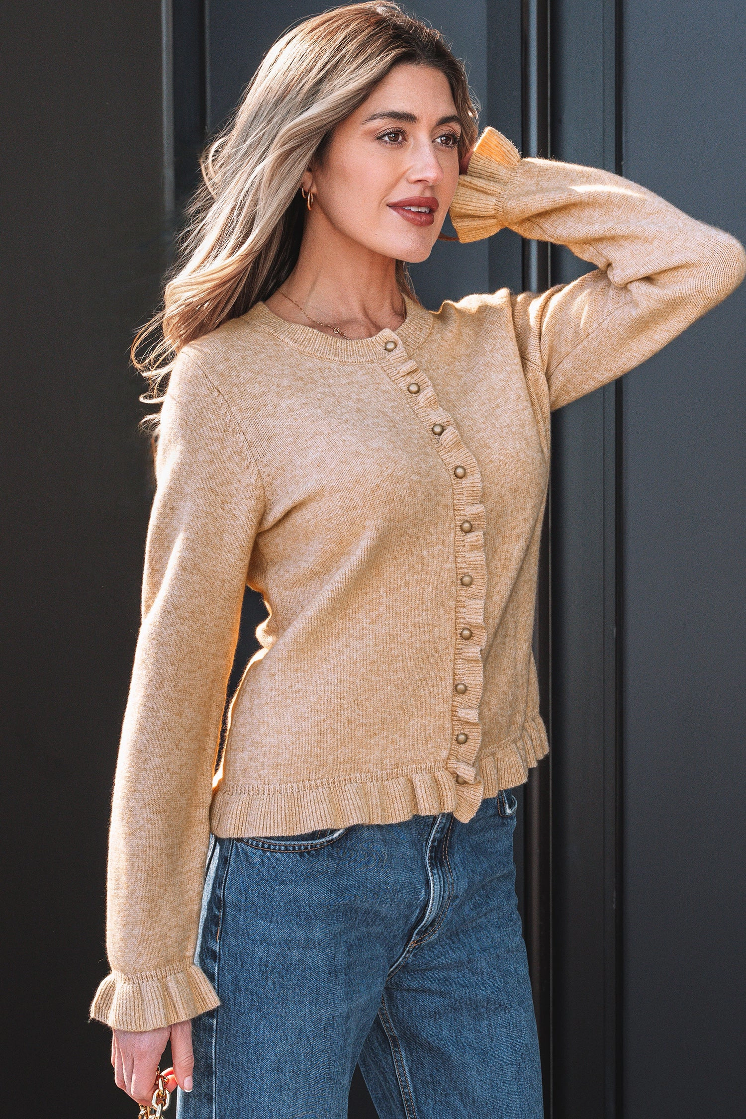 Threaded Pear Women's Yamileth Oatmeal Ruffle Trim Sweater
