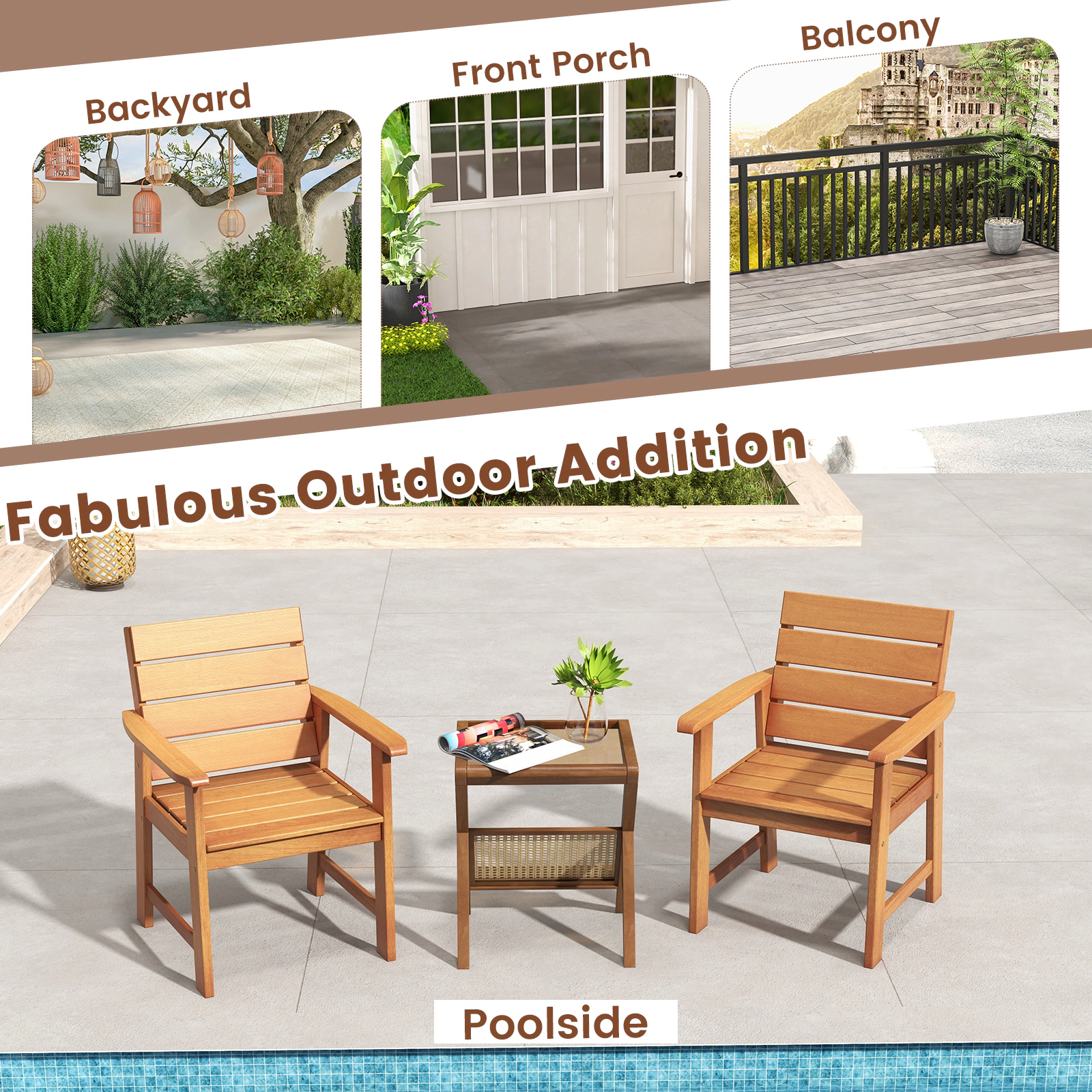 SUGIFT 2 Piece Patio Hardwood Chair Set with Slatted Seat and 102° Inclined Backrest 220-lb Capacity Natural