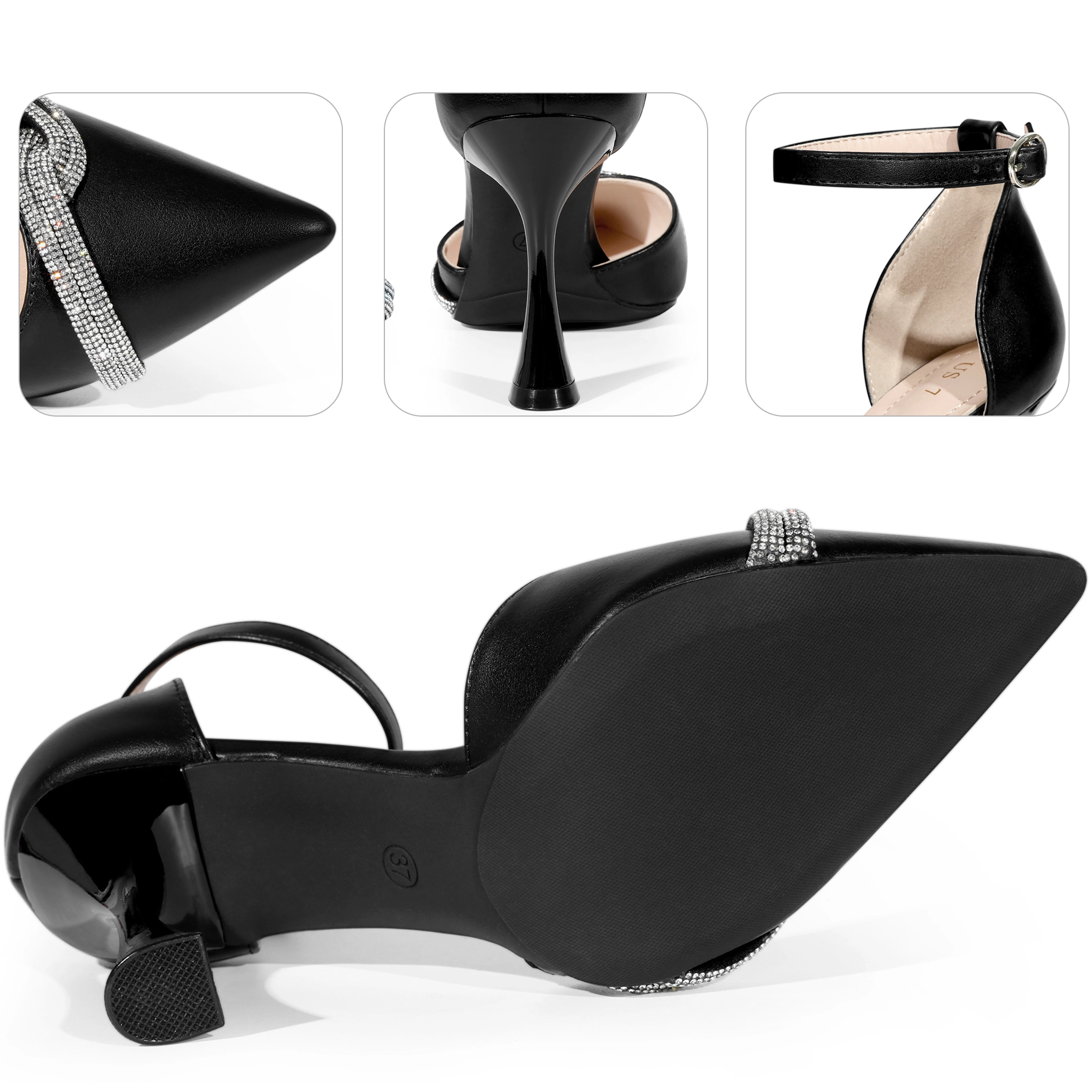 BLISSFUL STEP Women Rhinestone Pointy Toe Ankle Strap Stiletto Heel Pumps
