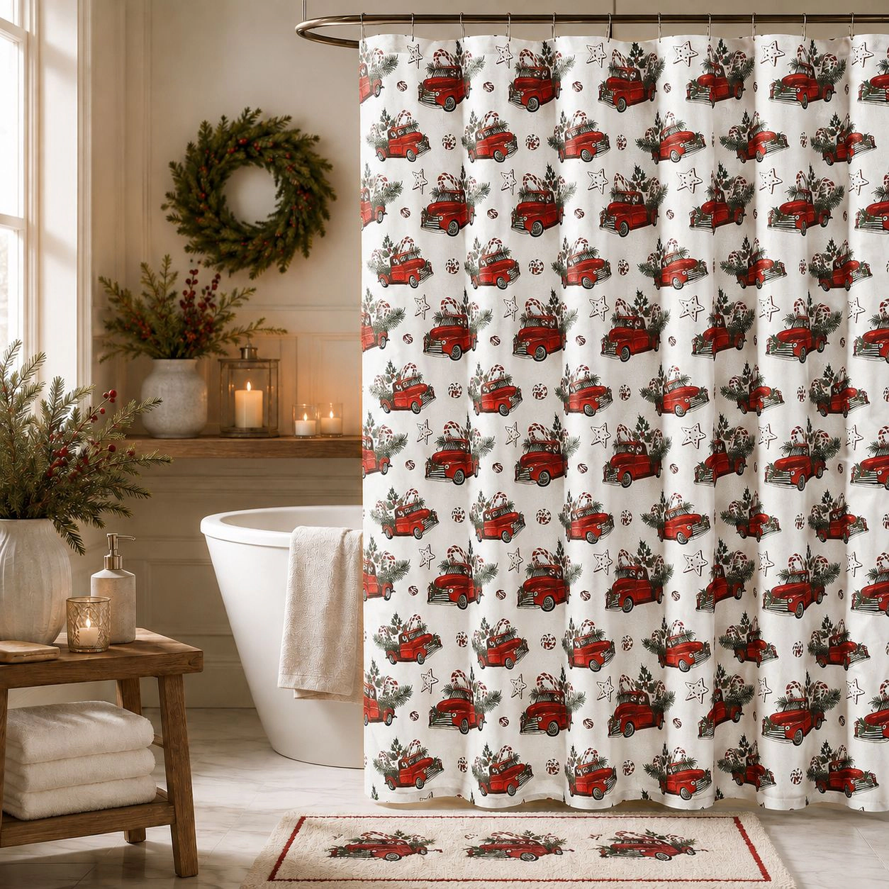 Kate Aurora Holiday Living Red Trucks Evergreens And Candy Canes Sparkly Christmas Fabric Shower Curtain