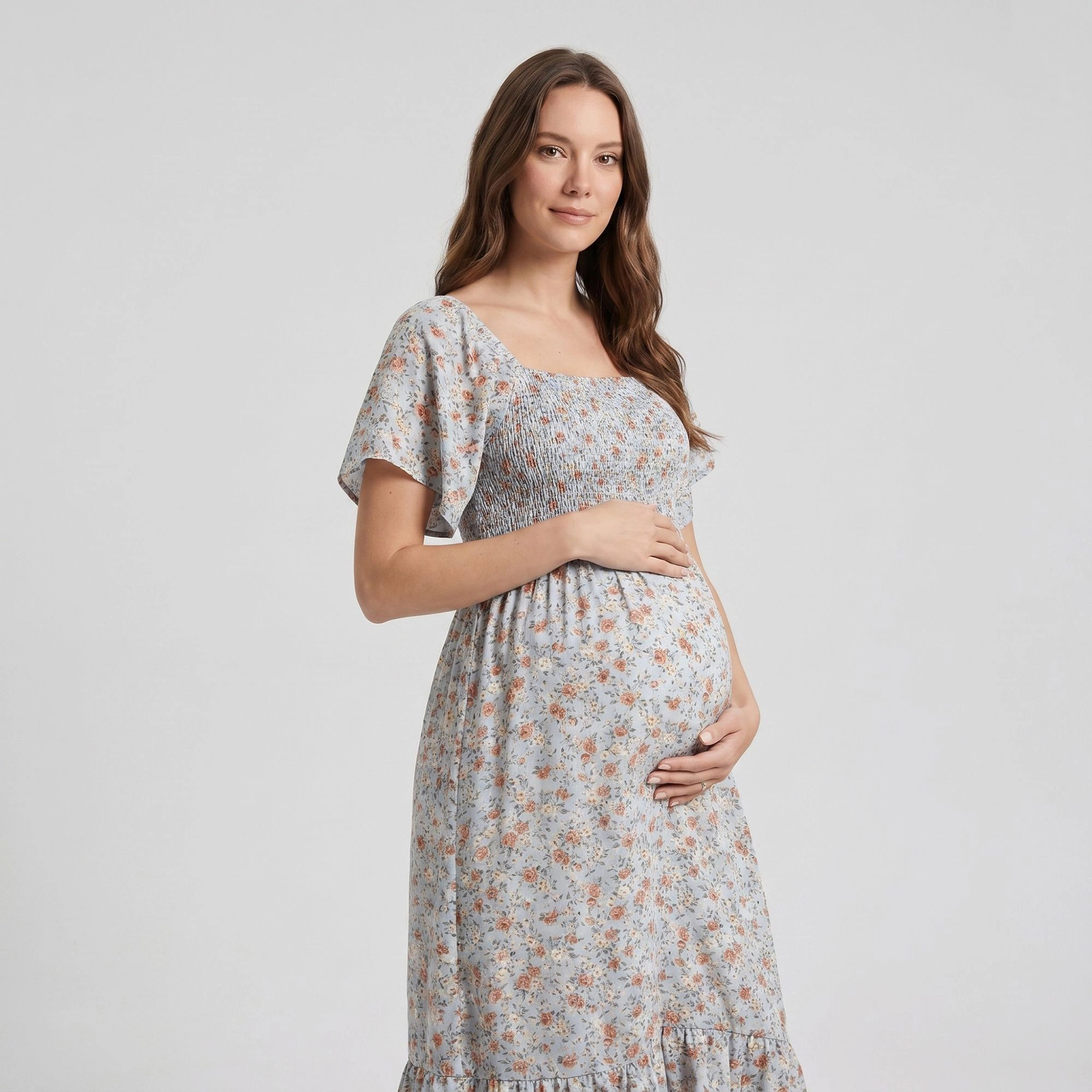 Anna-Kaci Women's Maternity Floral Square Neck Smocked Bodice Flutter Sleeve Midi Dress