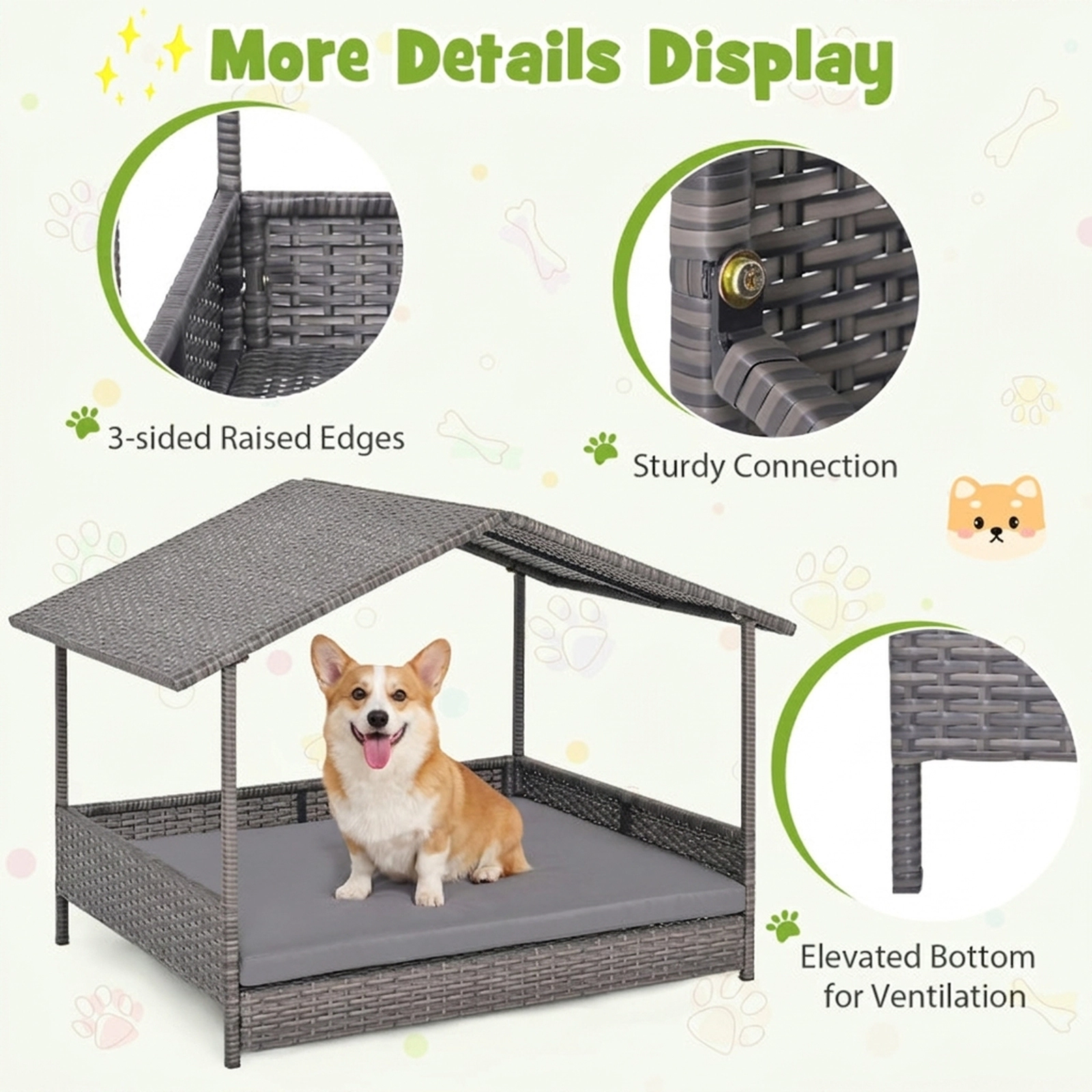 SUGIFT Wicker Dog House Elevated Pet Bed with Roof Canopy 165-lb Capacity Gray