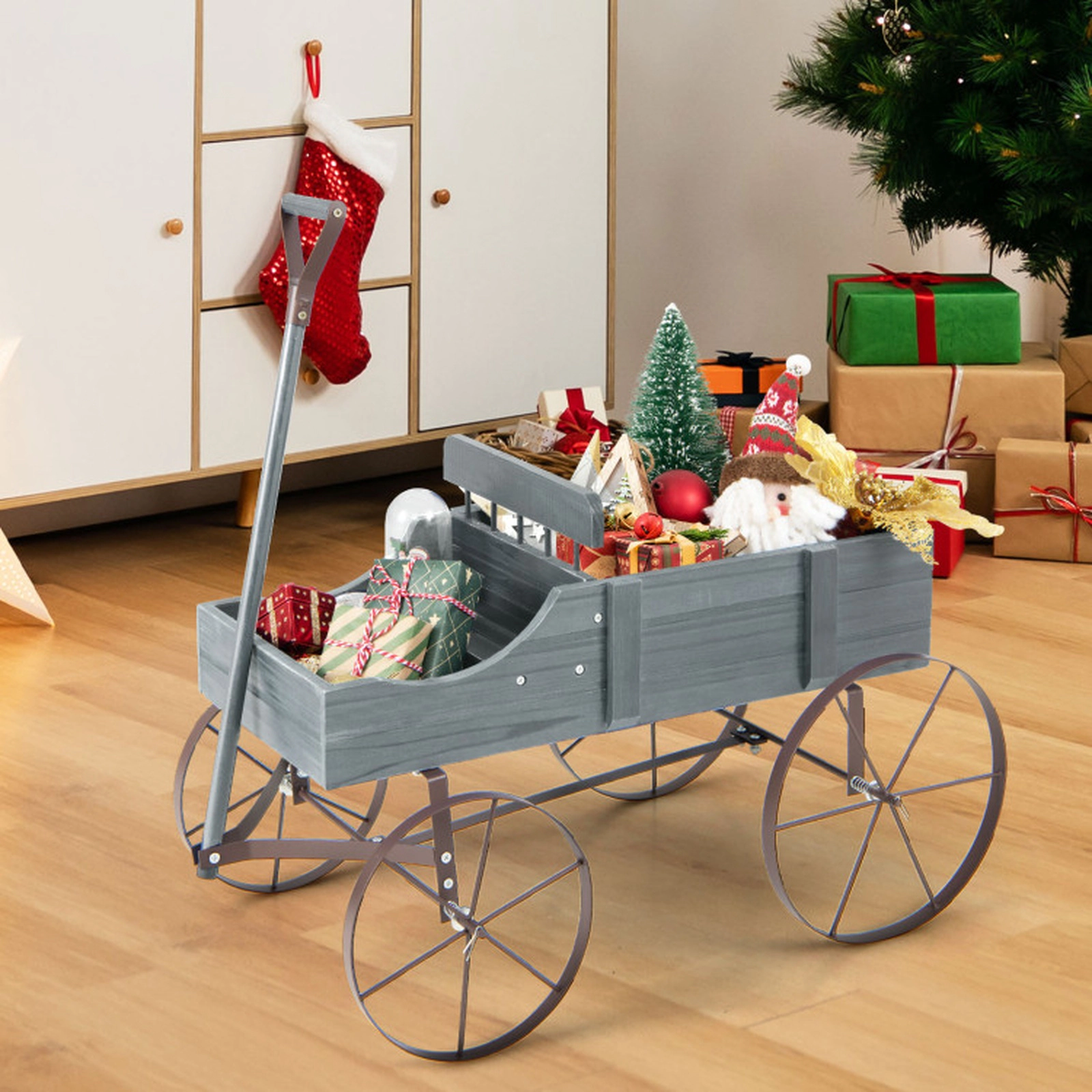 SUGIFT 33-lb Capacity 2-Section Fir Wood Rolling Garden Planter Wagon with Metal Wheels and Handle