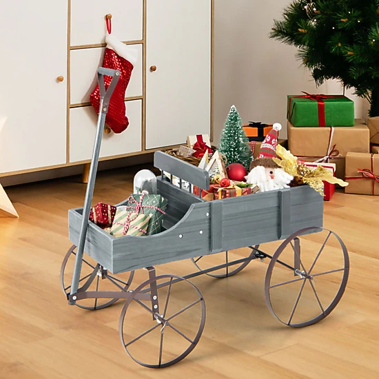 SUGIFT 33-lb Capacity 2-Section Fir Wood Rolling Garden Planter Wagon with Metal Wheels and Handle