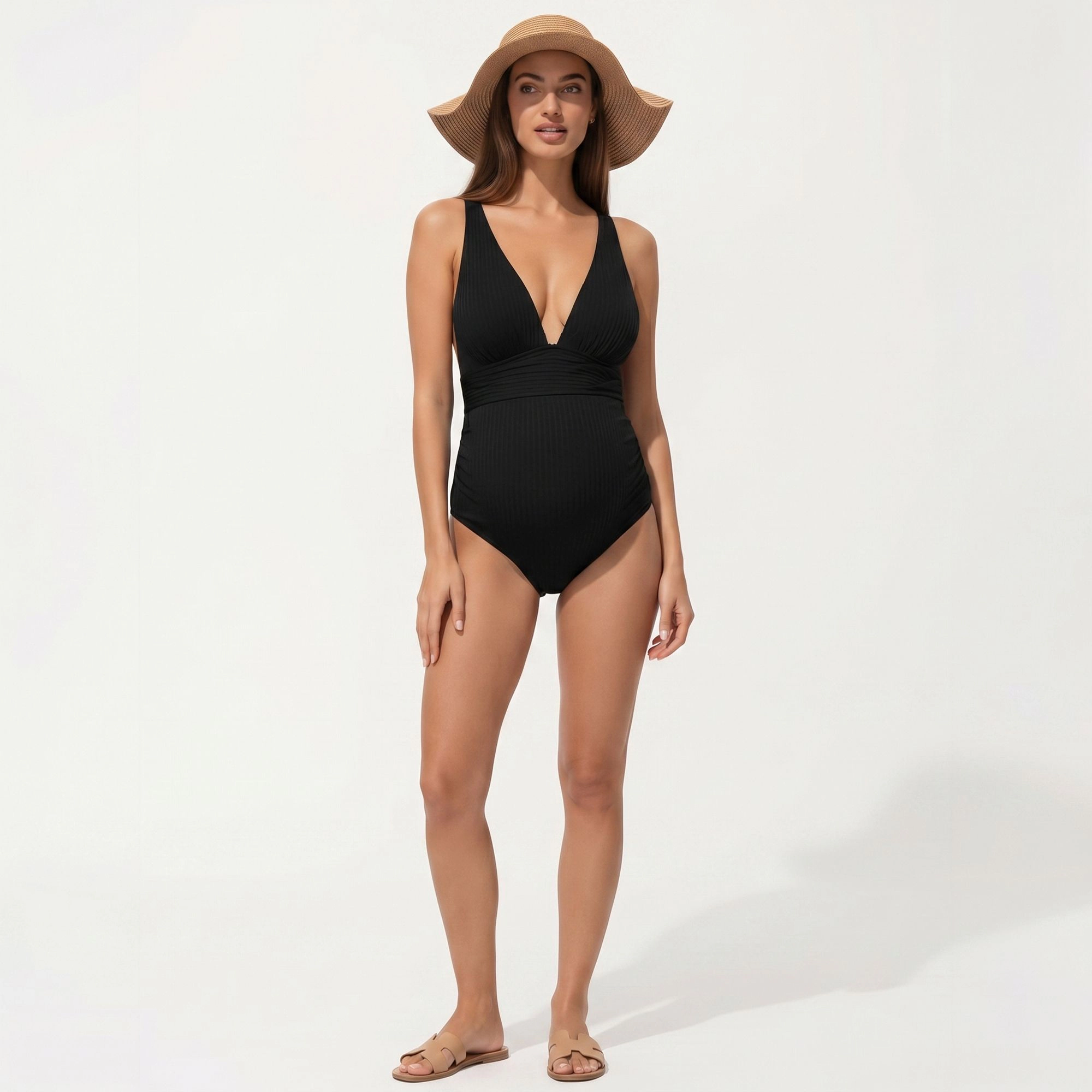 Anna-Kaci Women Maternity Ribbed One-Piece Swimsuit - Plunging Neckline, Ruched Waist