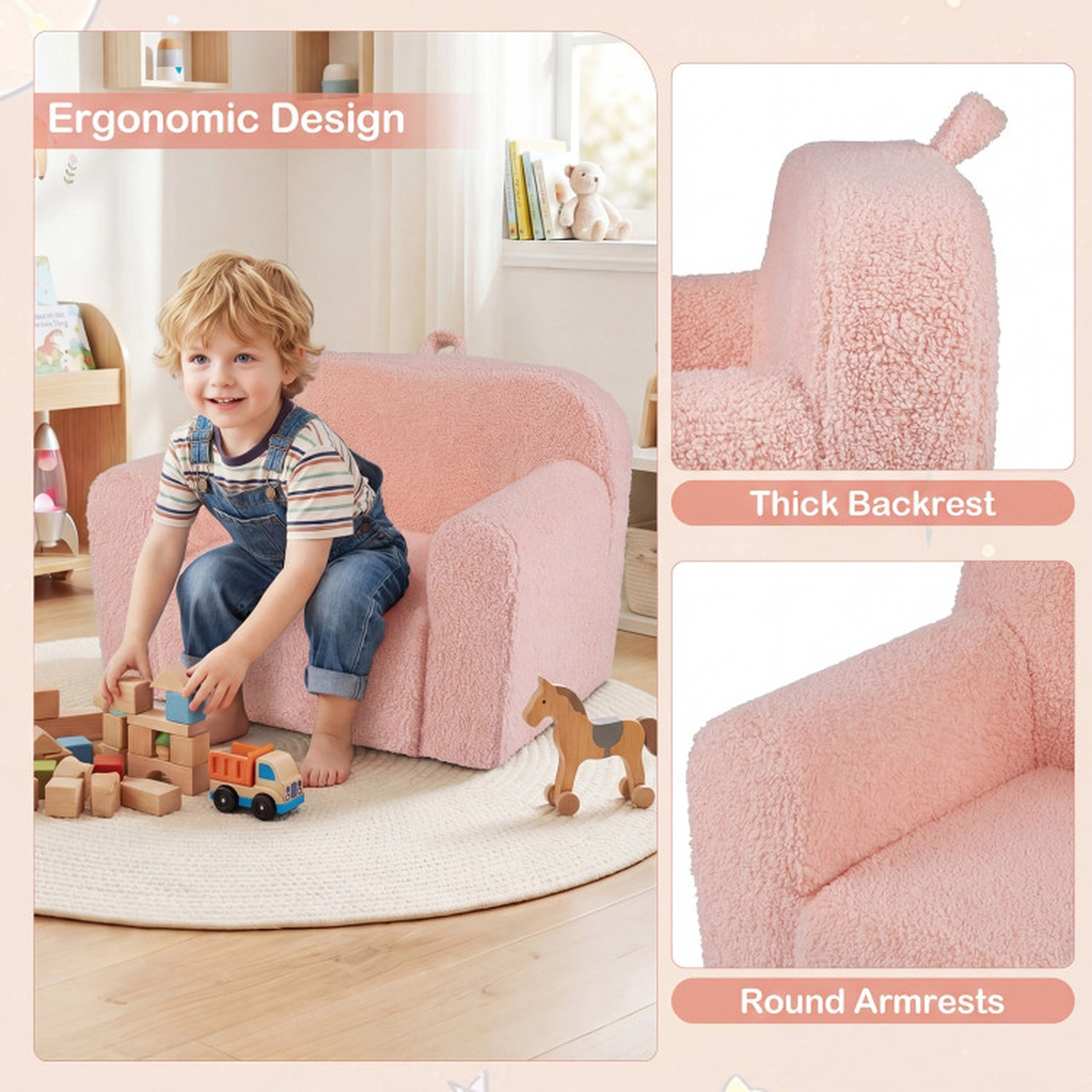 SUGIFT Teddy Fleece Kids Couch Toddler Sofa Chair with Carry Handle 24.5 x 16 x 16 in for Ages 3+ 4-lb Pink