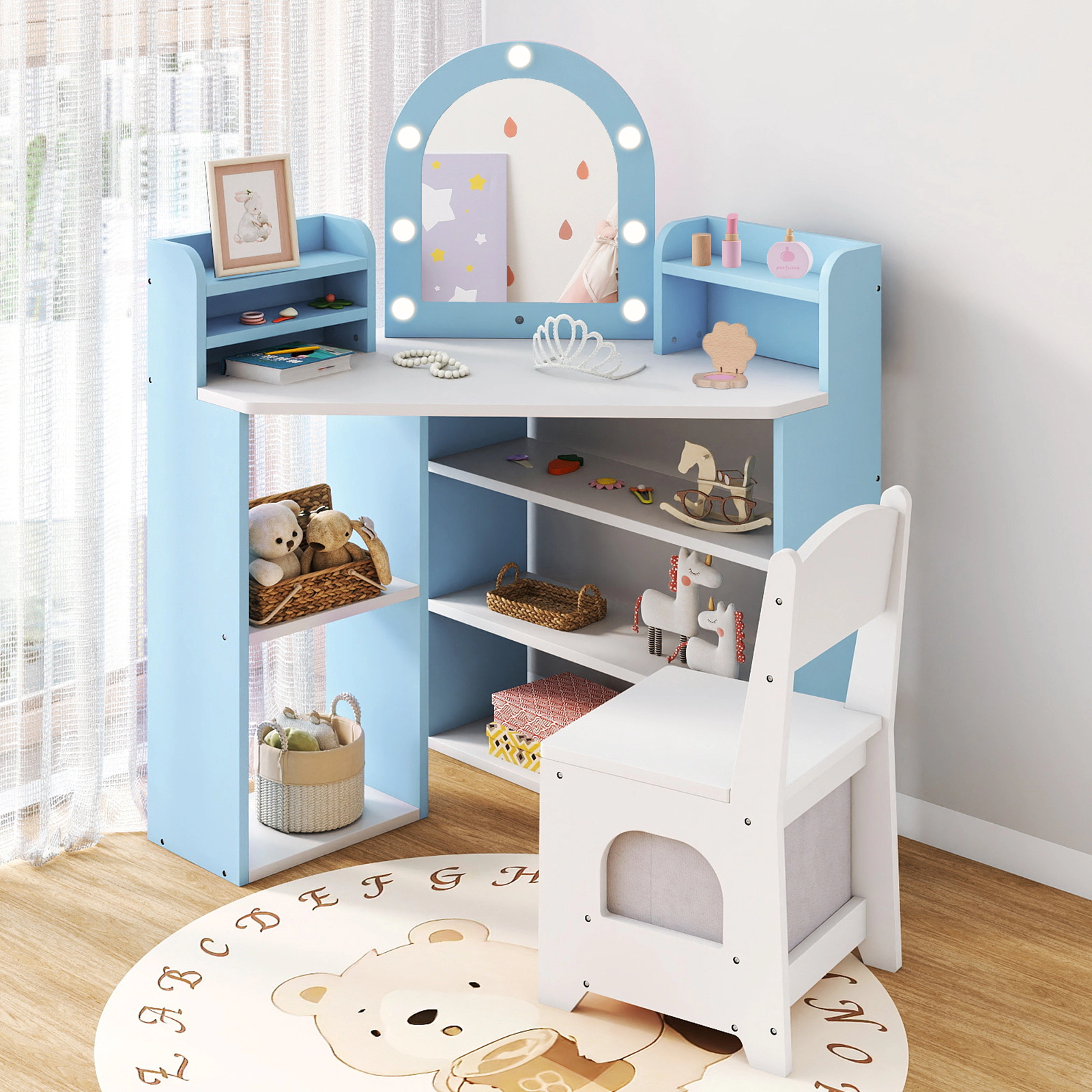 SUGIFT 2-Piece Corner Kids Vanity Set with Lighted Mirror, Fabric Drawer and Chair