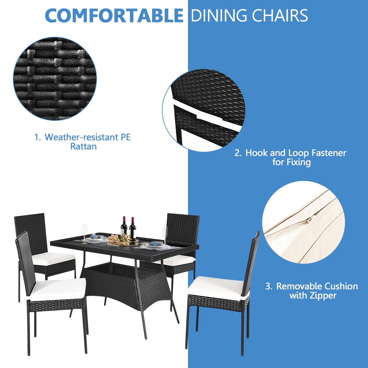 LJG 5 Pieces Rattan Dining Set Glass Table High Back Chair