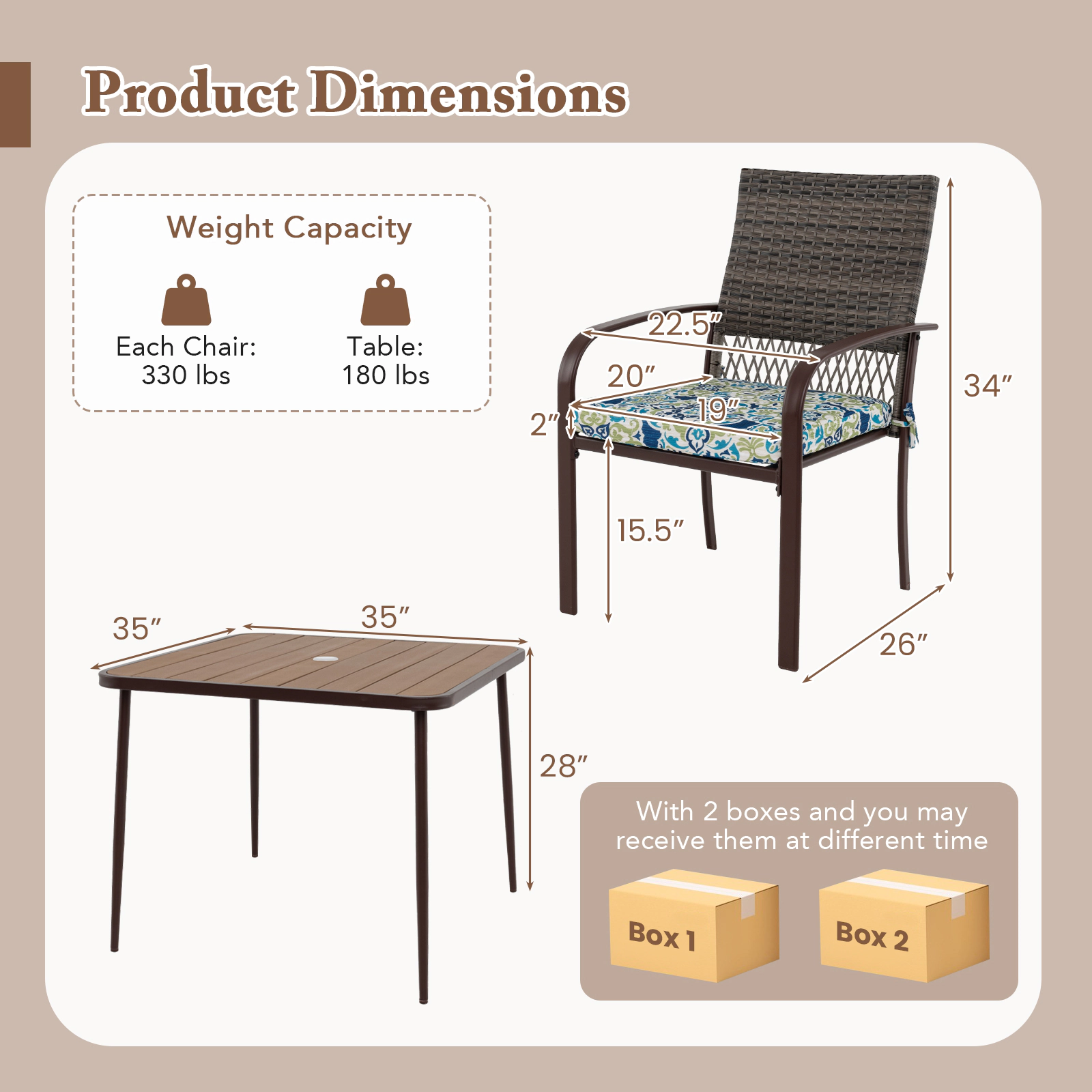 SUGIFT 5-Piece Brown Rattan Patio Dining Set with Square Table and 4 Armchairs