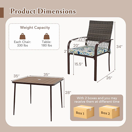 SUGIFT 5-Piece Brown Rattan Patio Dining Set with Square Table and 4 Armchairs