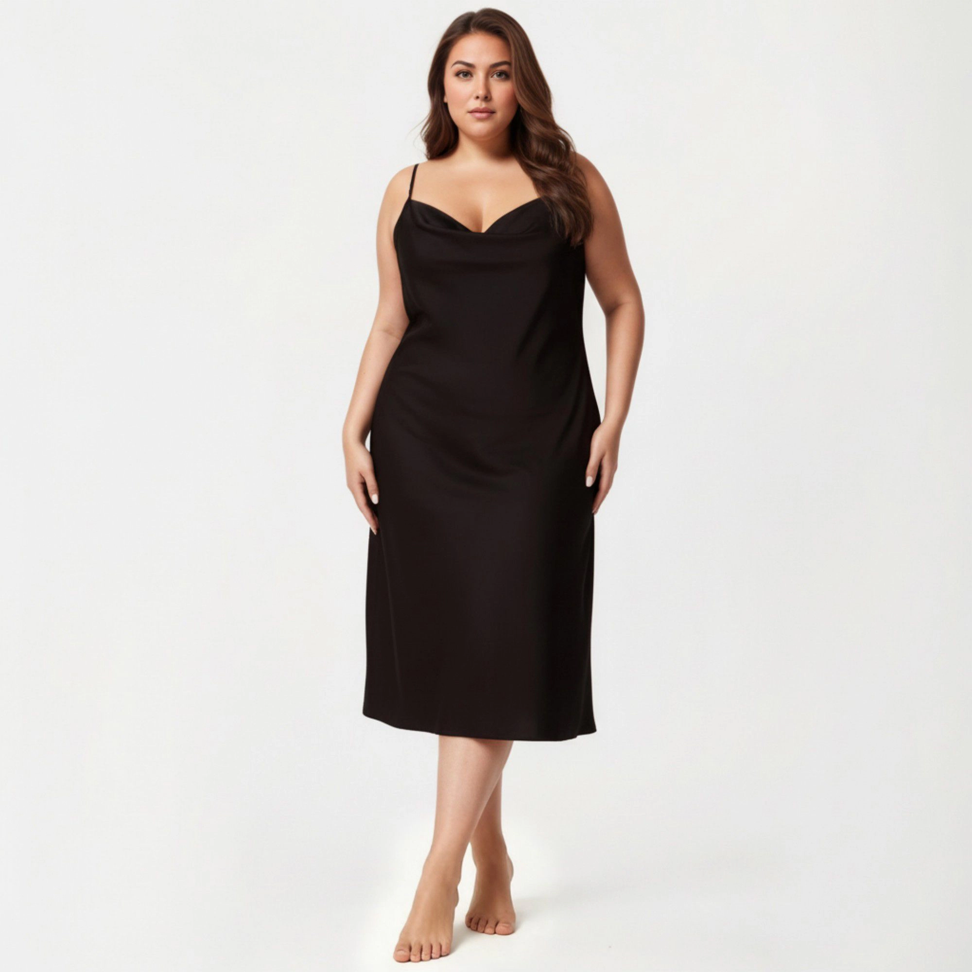 Anna-Kaci Women's Plus Satin Slip Nightgown Adjustable Spaghetti Straps Midi Length Relaxed Fit Sleepwear Dress