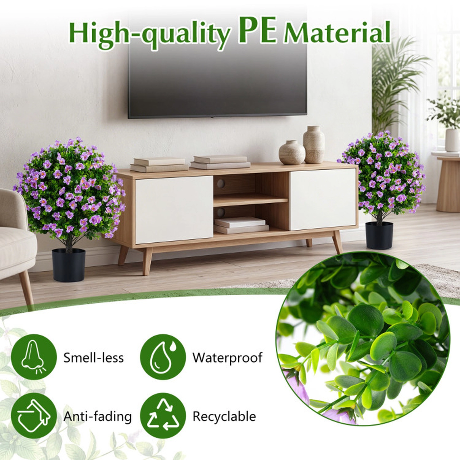 SUGIFT Set of 2 23-in Artificial Eucalyptus Topiary Ball Trees with Purple Flowers and Cement Planters
