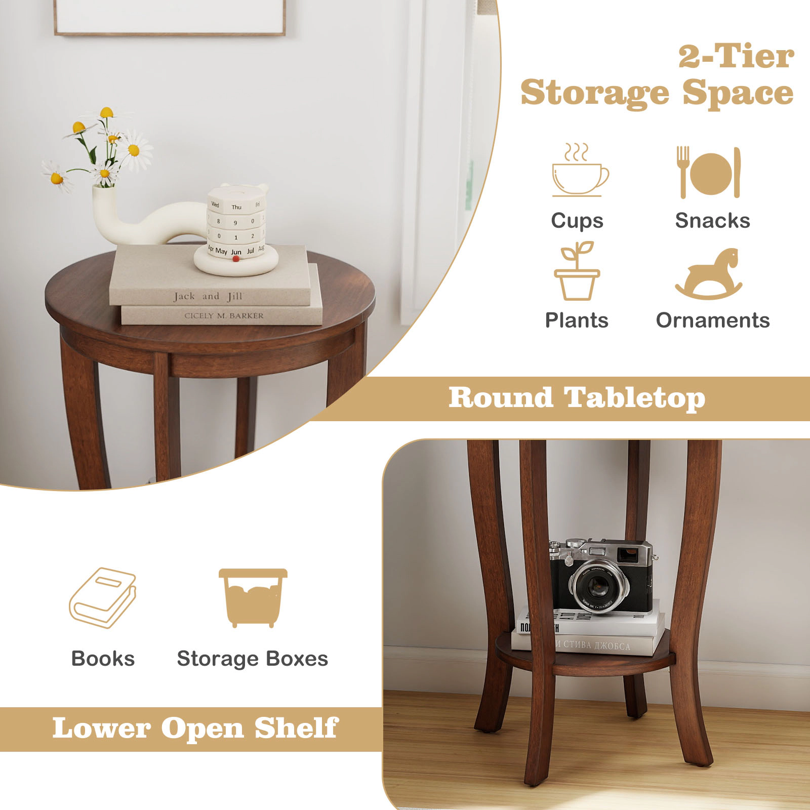 SUGIFT 2-Tier Round End Table 170-Lb Capacity Brown