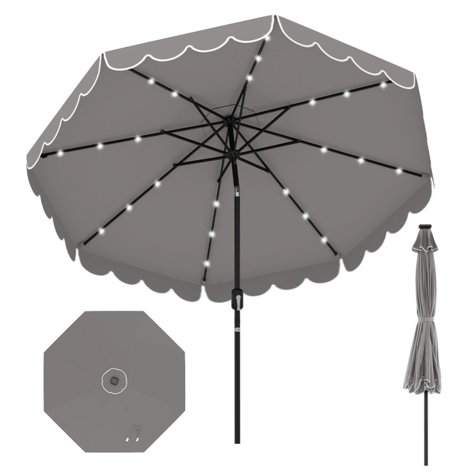 SUGIFT Gray Solar Patio Umbrella with Ruffled Edges Vented Top and 24 LED Lights 9.3-ft Dia 8.2-ft H
