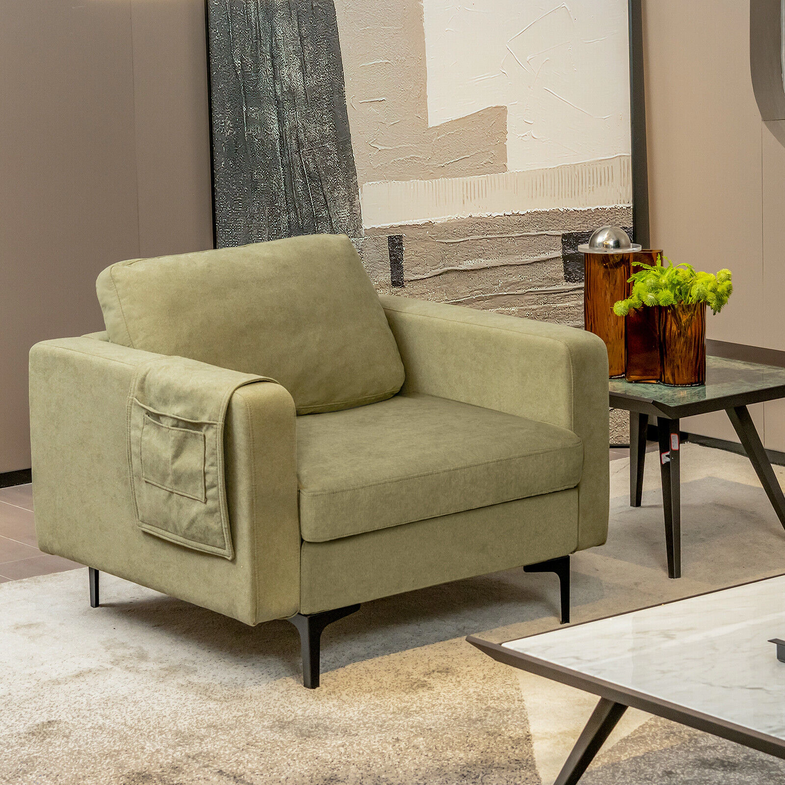 SUGIFT 660-lb Capacity Green Modern Accent Armchair with Side Storage Pocket and Solid Wood Metal Frame