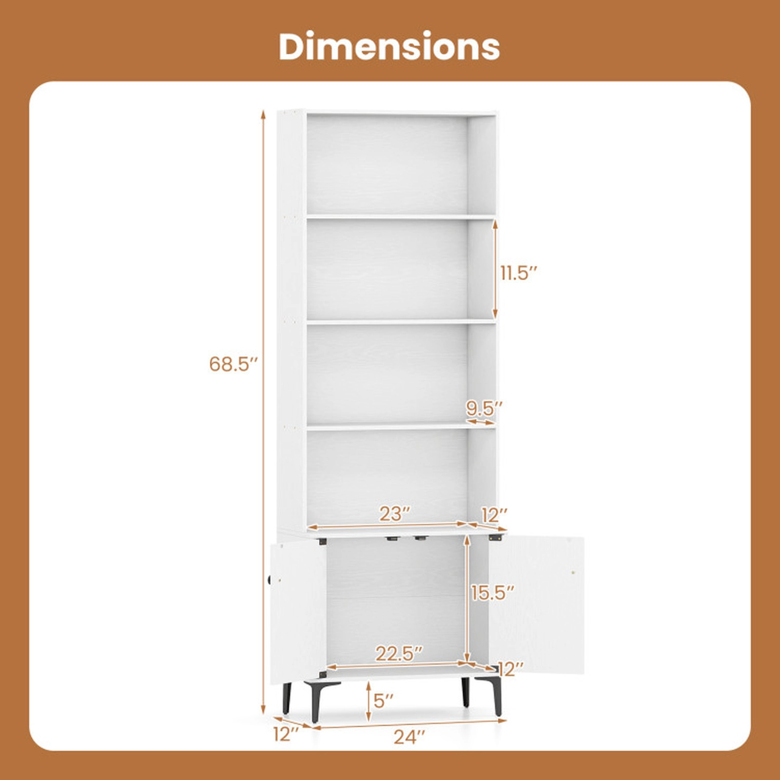 SUGIFT White 68.5-in Tall Bookshelf with Cabinet Doors Open Display Shelves and Metal Legs for Home Office