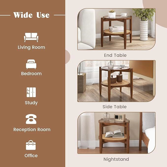 Glintex 2-Piece Round Rattan Side Table Set with Tempered Glass Tops, Walnut