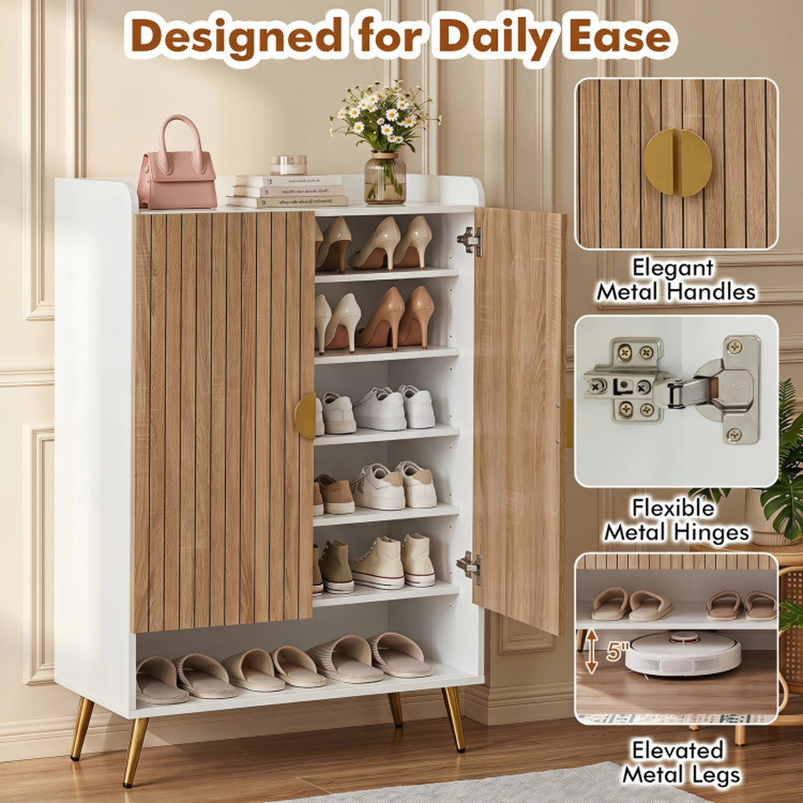 SUGIFT 44-in Tall Shoe Storage Cabinet with 7-Tier Doors and Adjustable Shelves 110-lb Capacity Natural