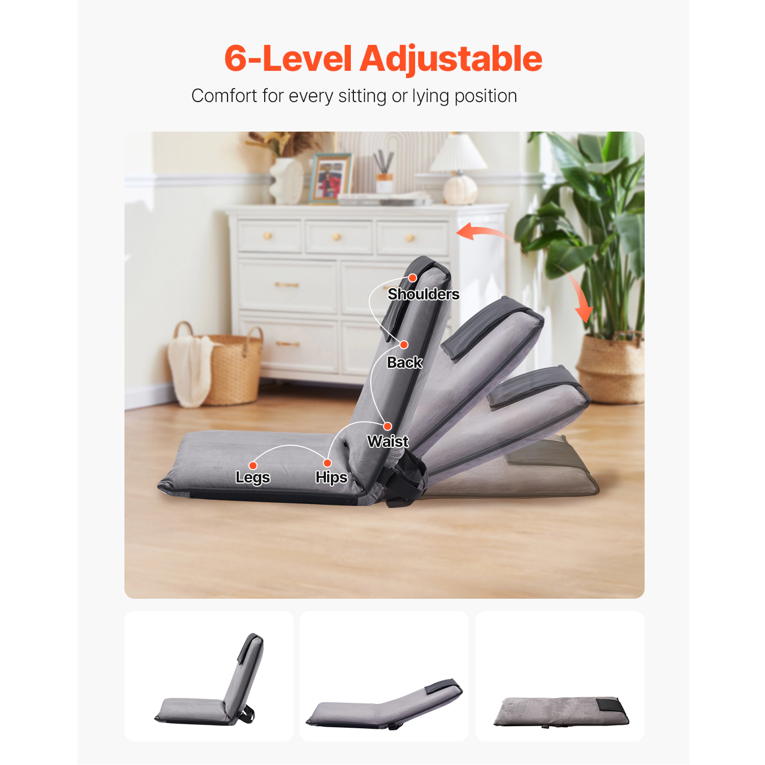 HONGGE Floor Chair 5 Adjustable Positions Folding Floor Gaming Chair with Ergonomic Back Support Sturdy Metal Frame