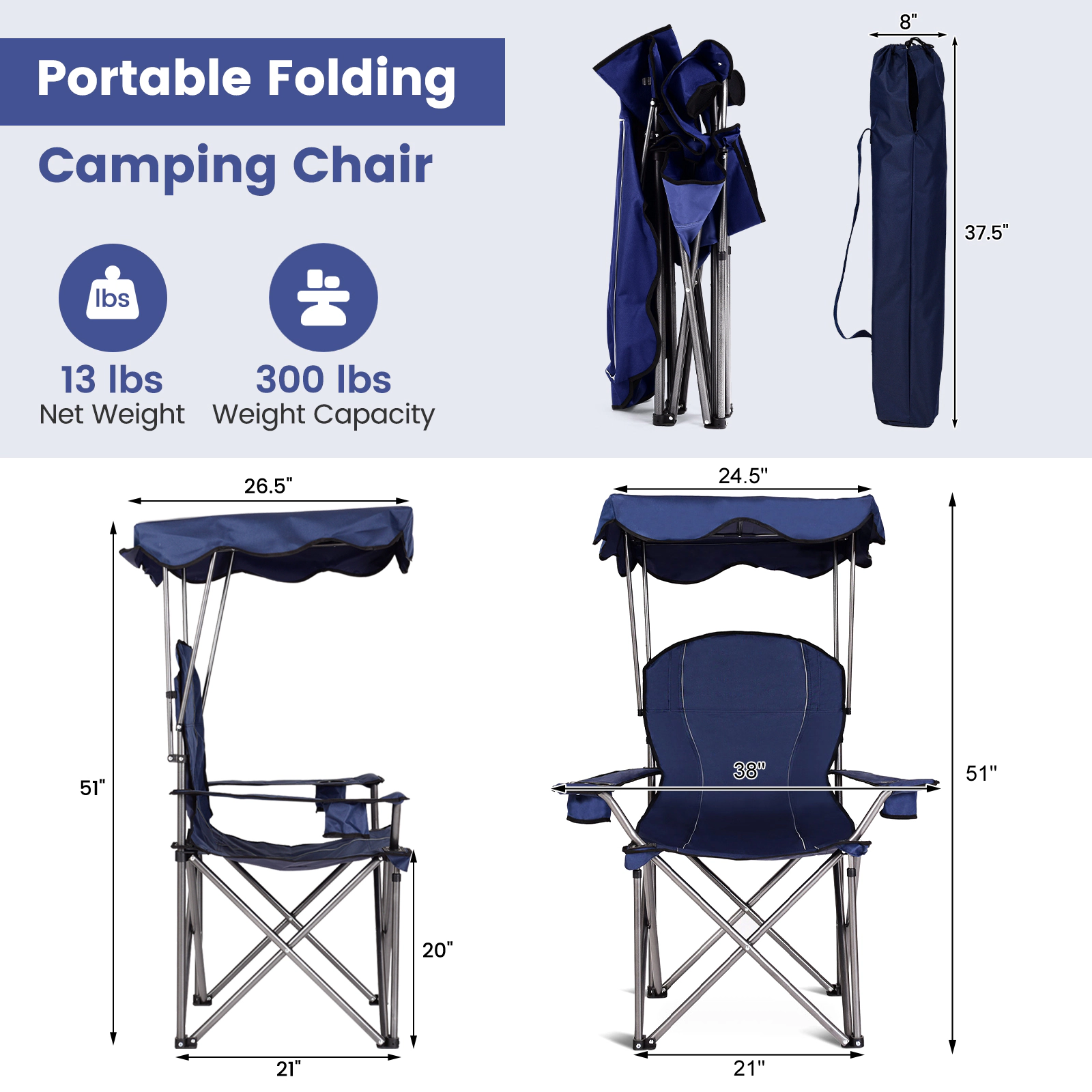 SUGIFT 265-lb Capacity Portable Folding Beach Canopy Chair with Heavy-Duty Steel Frame and 2 Cup Holders