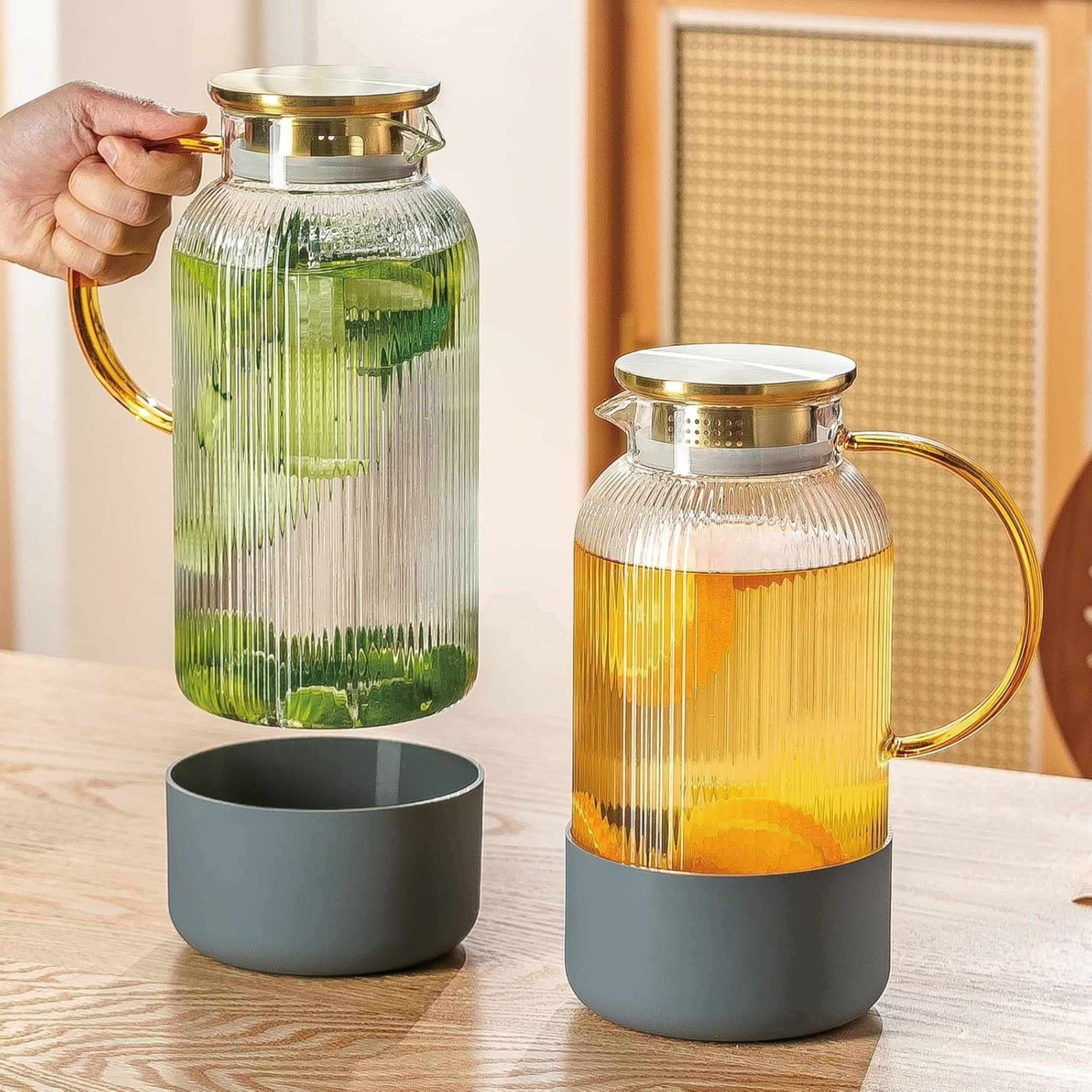 Stock Preferred Pack of 2 68 oz Striped Glass Pitchers with Lids and Silicone Bases