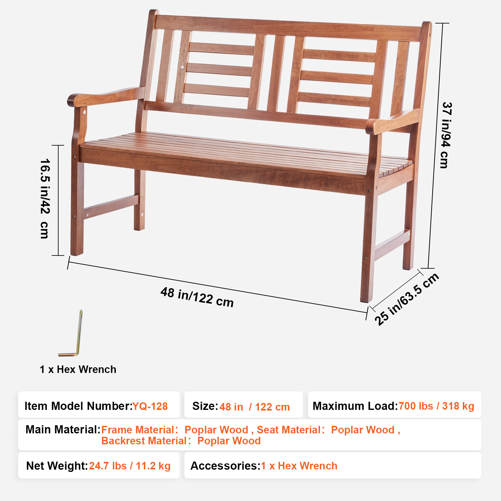 HONGGE Outdoor Bench Wood Garden Bench for Outdoors Outdoor Garden Park Bench with Backrest and Armrests Capacity Bench