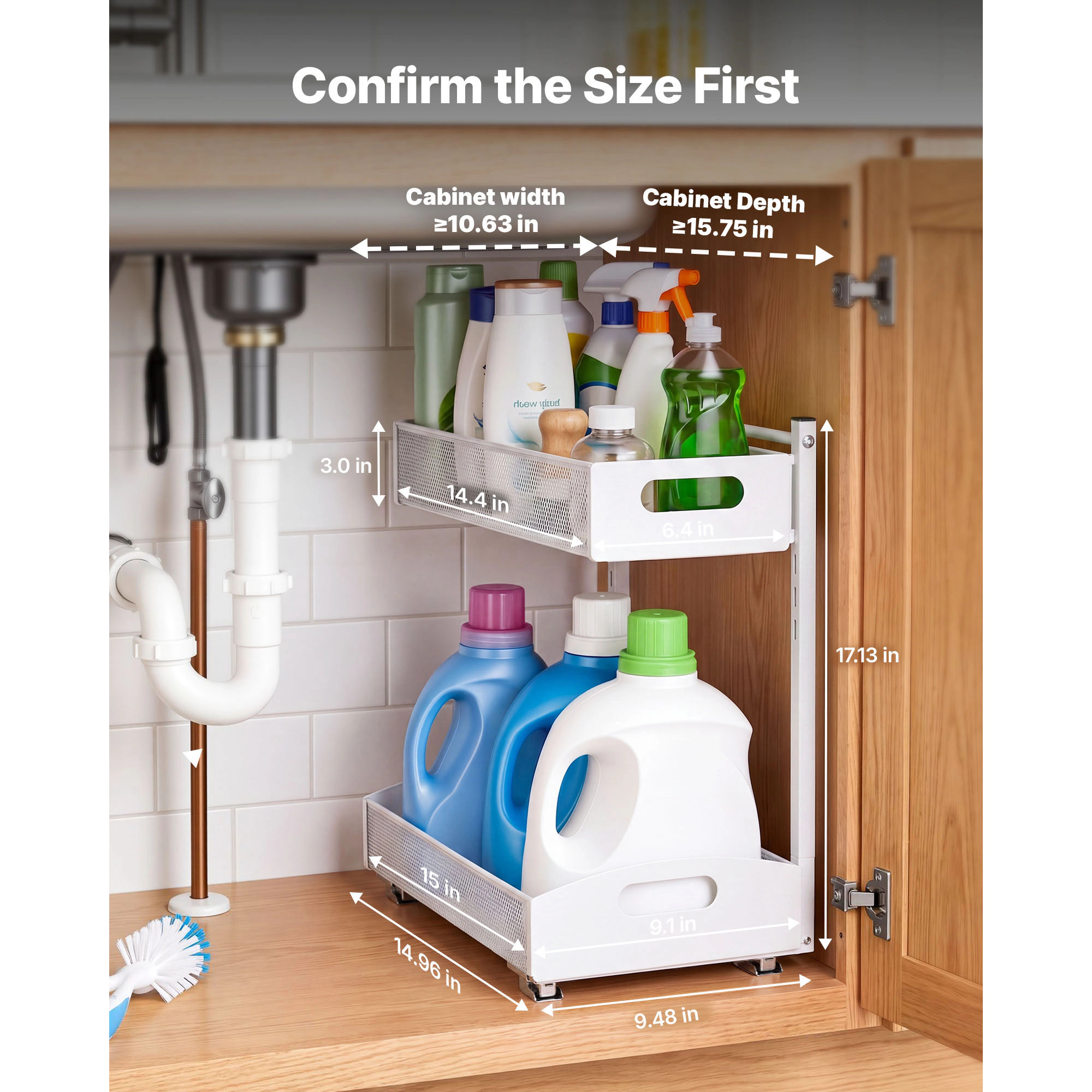 HONGGE Under Sink Organizer 2 Pack 2-Tier Pull Out Cabinet Organizer with 4-Level Height Adjustment Metal Slide Out