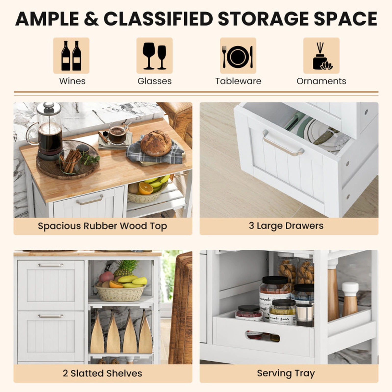 SUGIFT Rolling Kitchen Island Utility Cart White with 3 Drawers and Rubber Wood Top