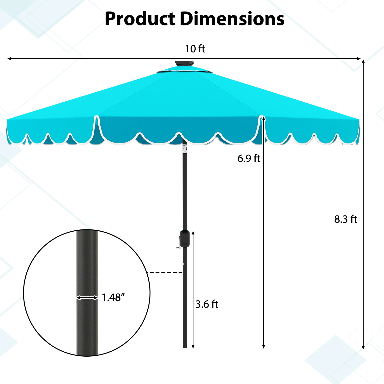SUGIFT Turquoise 10 ft Solar Patio Umbrella with 24 Cool-White LED Lights
