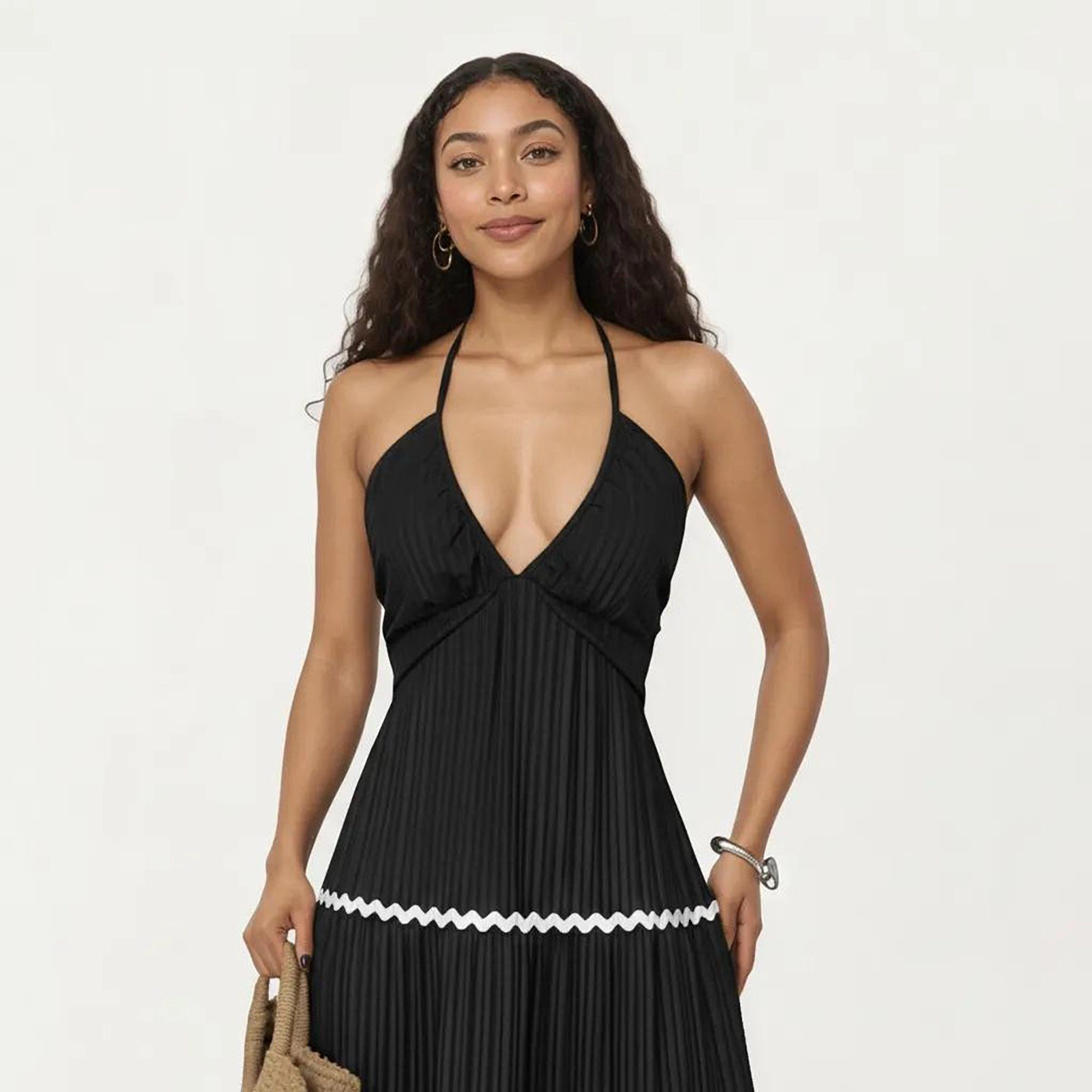 Anna-Kaci Halter Neck Pleated Maxi Dress with Tiered Trim
