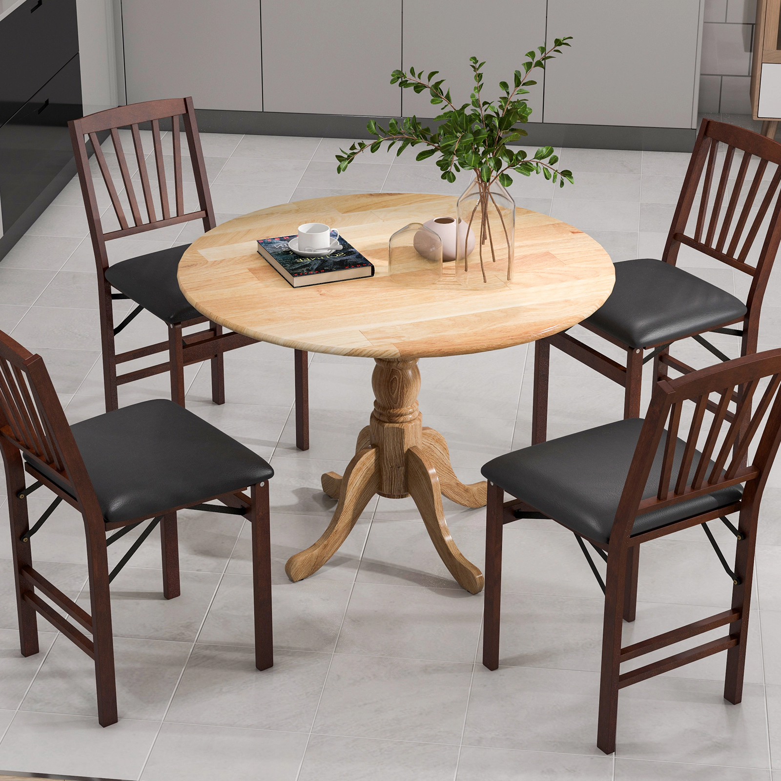 SUGIFT Wooden Round Dining Table with Curved Trestle Legs 220-Lb Capacity Natural