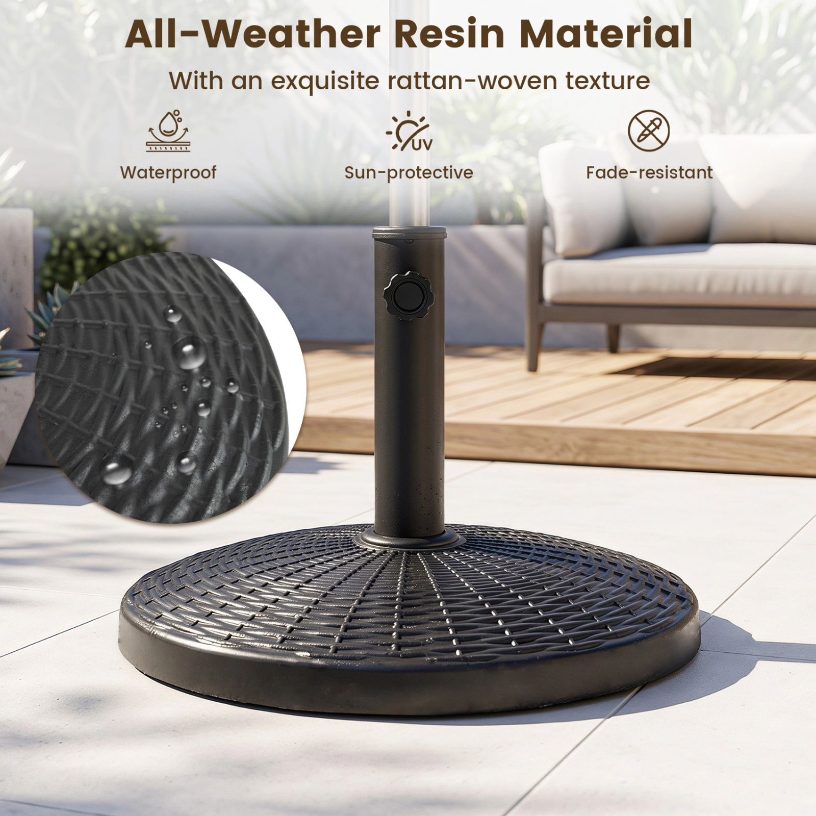 SUGIFT 22-lb Resin Patio Umbrella Base with Wicker Style Pattern 18-in Round 1.5-1.9-in Pole Compatible Bronze/Black