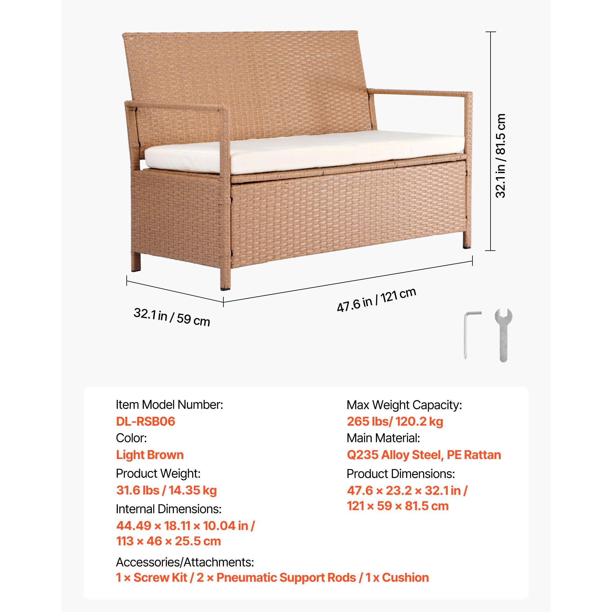 HONGGE Outdoor Storage Bench 2-Person PE Rattan Storage Bench Deck Box with Cushion Supports Weatherproof Outdoor